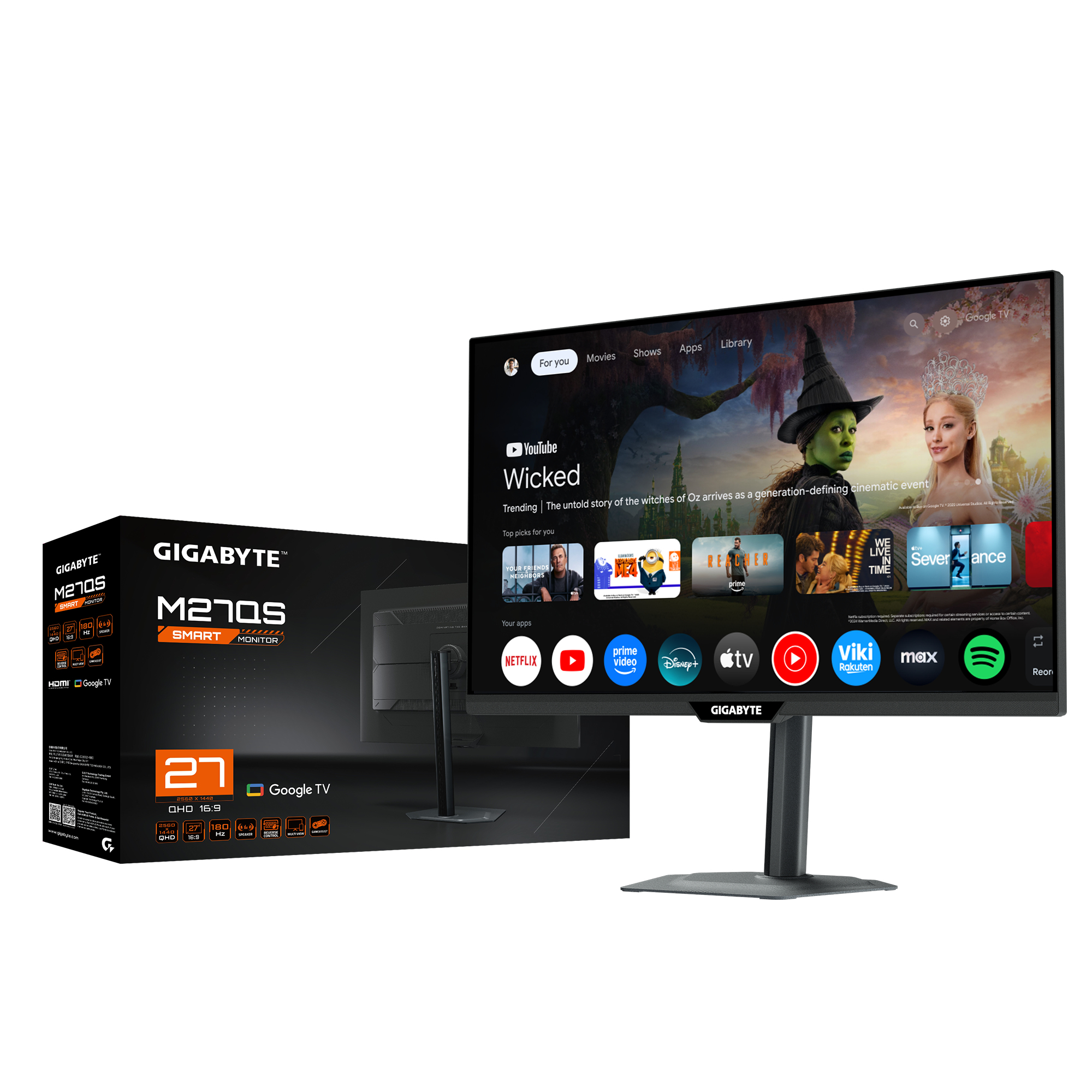 GIGABYTE M27QS Monitor Smart 27 2K QHD - Google TV, Display wireless, 2560 x 1440, 180Hz, 1ms, 350 cd/m�, FreeSync, Display HDR400, HDMI 2.0, DisplayPort 1.4