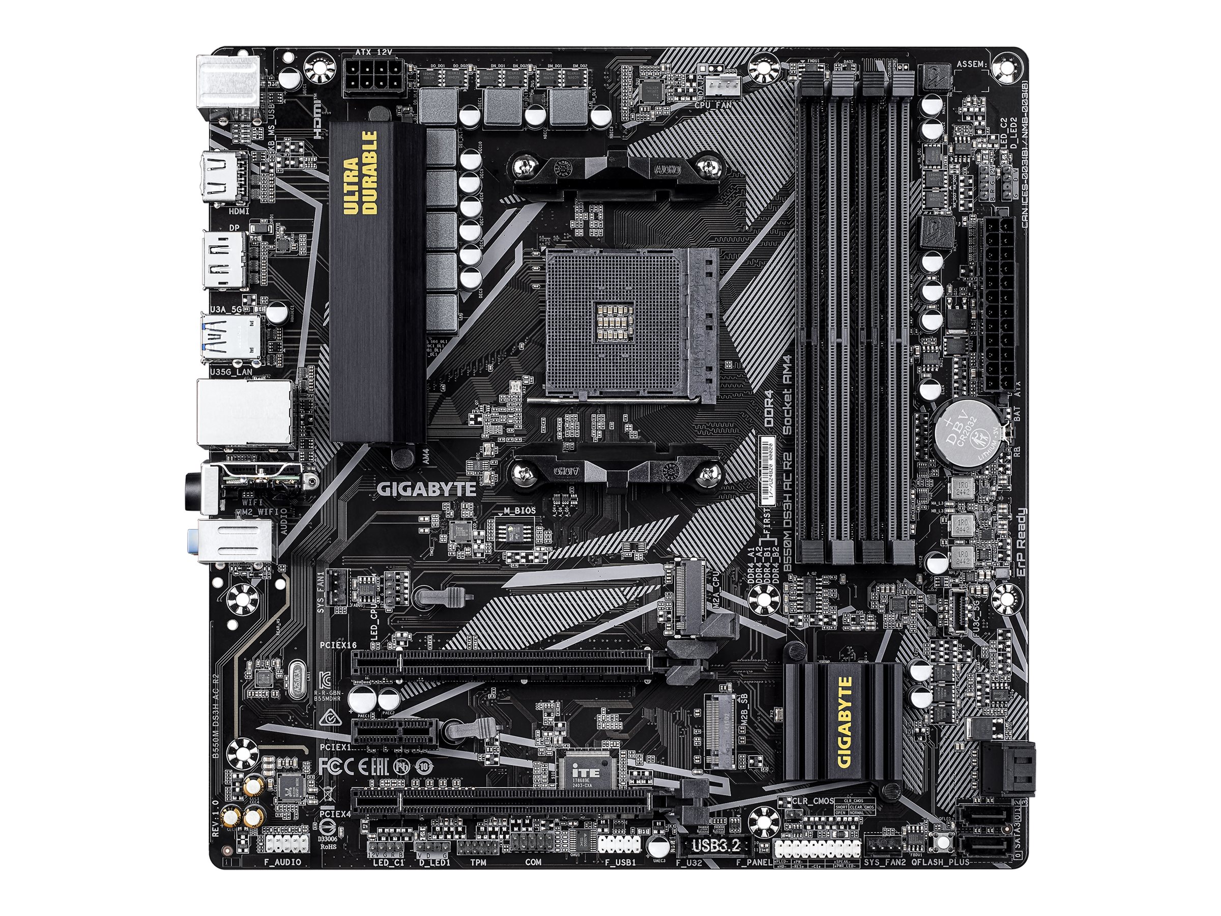 GIGABYTE B550M DS3H AC R2 Placa base - Procesadores AMD Ryzen 5000, VRM de 5+3 fases, hasta 4733 MHz DDR4 (O.C.), 1x M.2 PCIe 4.0 + 1x M.2 PCIe 3.0, Wi-Fi 5, LAN 1 GbE, USB 3.2 Gen 1