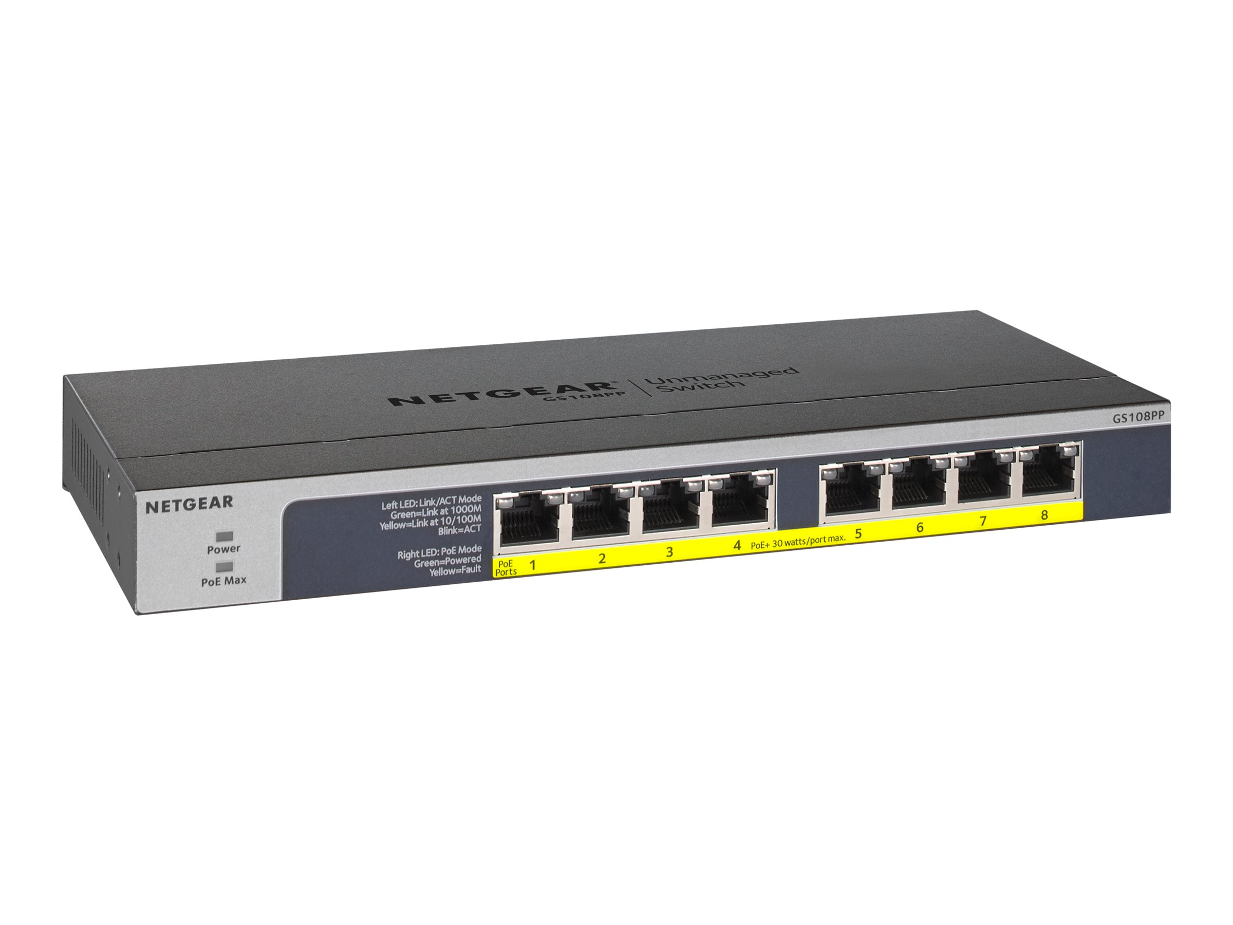 NETGEAR GS108LP Non-gr Gigabit Ethernet (10/100/1000) Connexion Ethernet, supportant lalimentation via ce port (PoE) 1U Noir, Gris