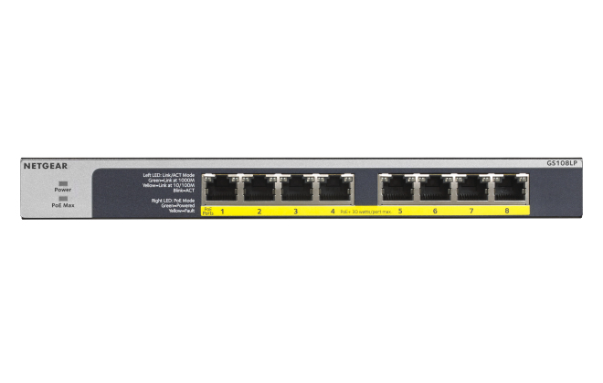 NETGEAR GS108LP No administrado Gigabit Ethernet (10/100/1000) Energa sobre Ethernet (PoE) 1U Negro, Gris