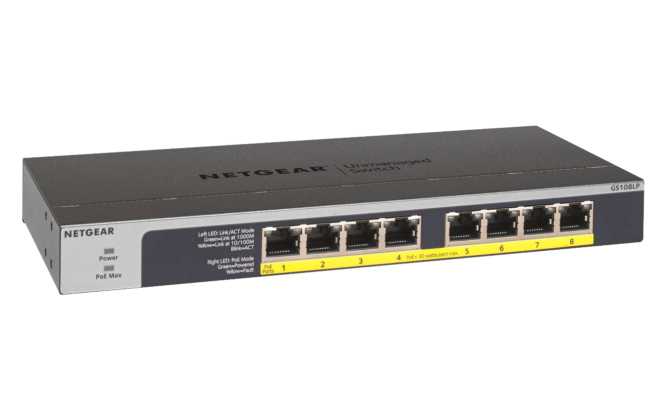 NETGEAR GS108LP No administrado Gigabit Ethernet (10/100/1000) Energa sobre Ethernet (PoE) 1U Negro, Gris