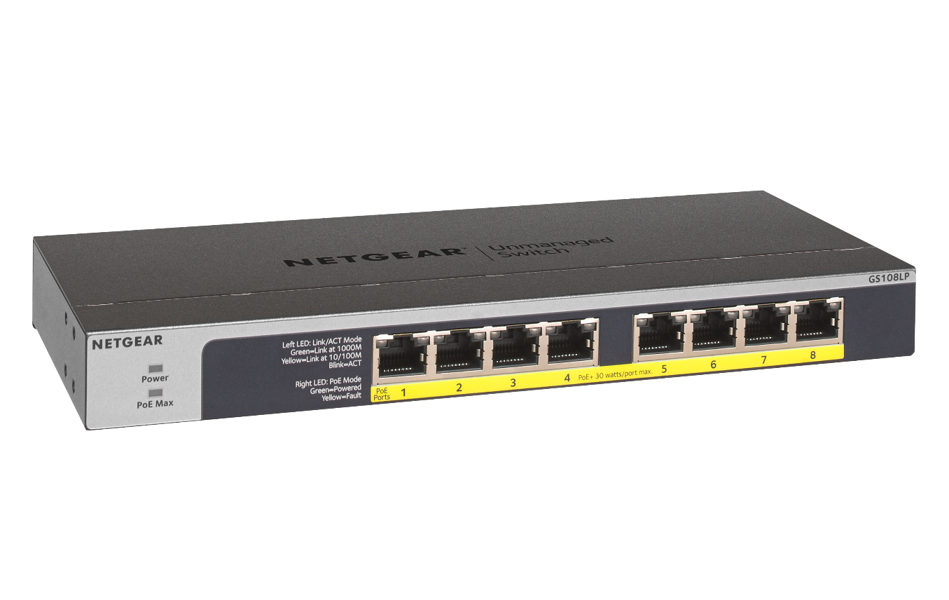 NETGEAR GS108LP No administrado Gigabit Ethernet (10/100/1000) Energa sobre Ethernet (PoE) 1U Negro, Gris