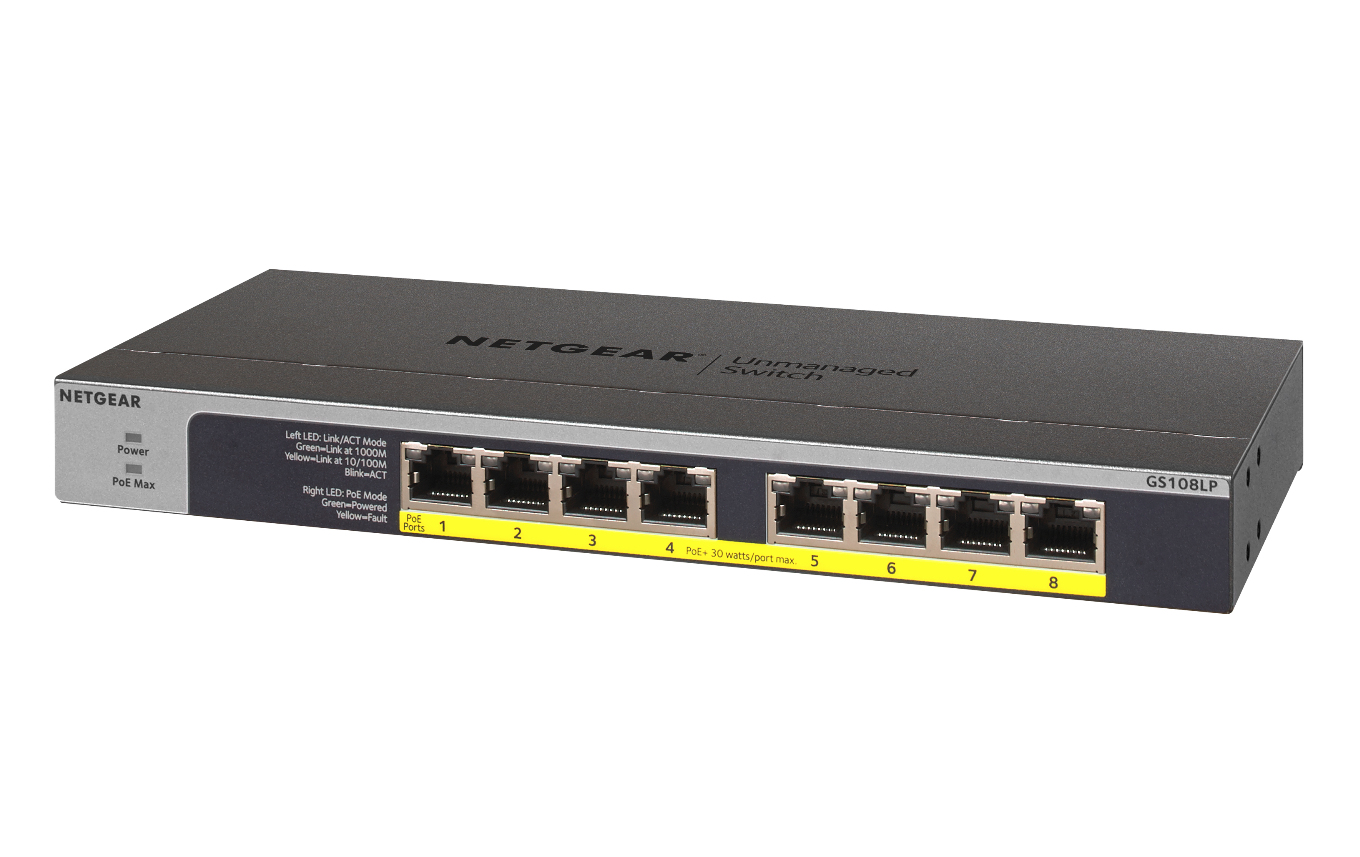 NETGEAR GS108LP No administrado Gigabit Ethernet (10/100/1000) Energa sobre Ethernet (PoE) 1U Negro, Gris