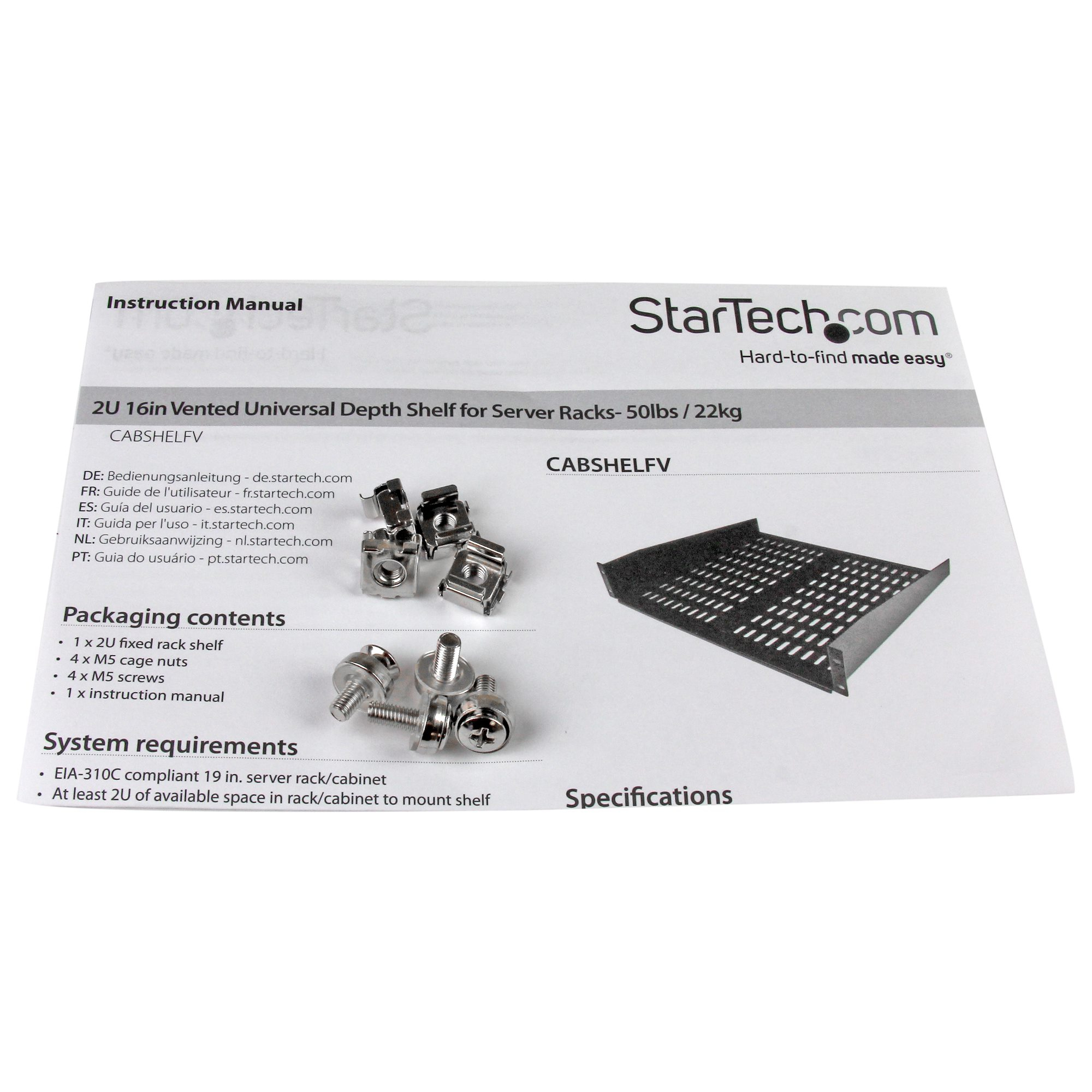 StarTech.com Etagre cantilever ventile pour rack de serveur universel 2U 16 pouces - Etagre darmoire serveur fixe - 22 kg