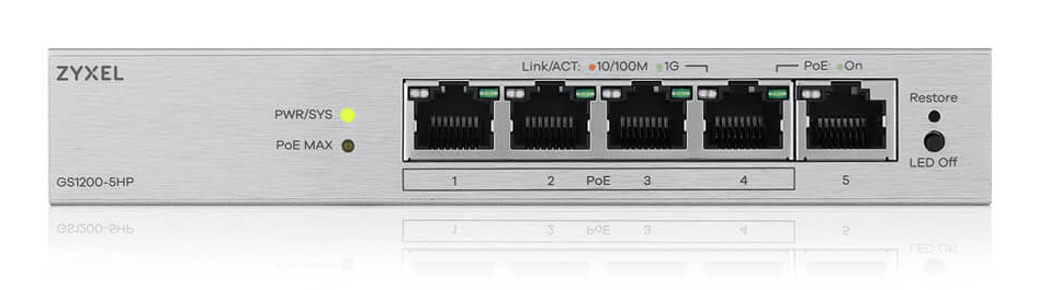 ZyXEL 5-Port Gigabit PoE+ Web / Smart Managed Switch, 4x PoE+, 68 Watt,
