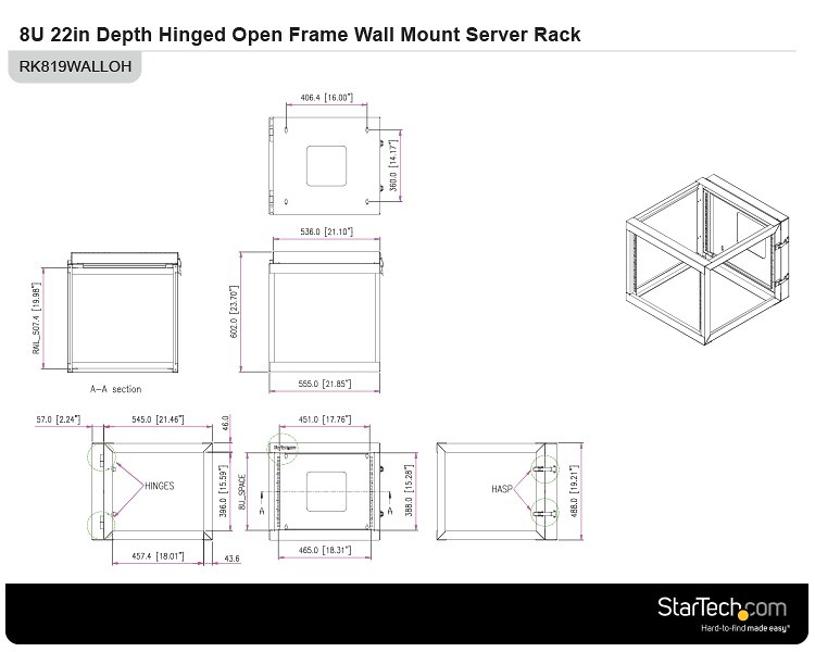 StarTech.com 8U Hinged Open Frame Wall-Mount Server Rack - 22 in. Deep