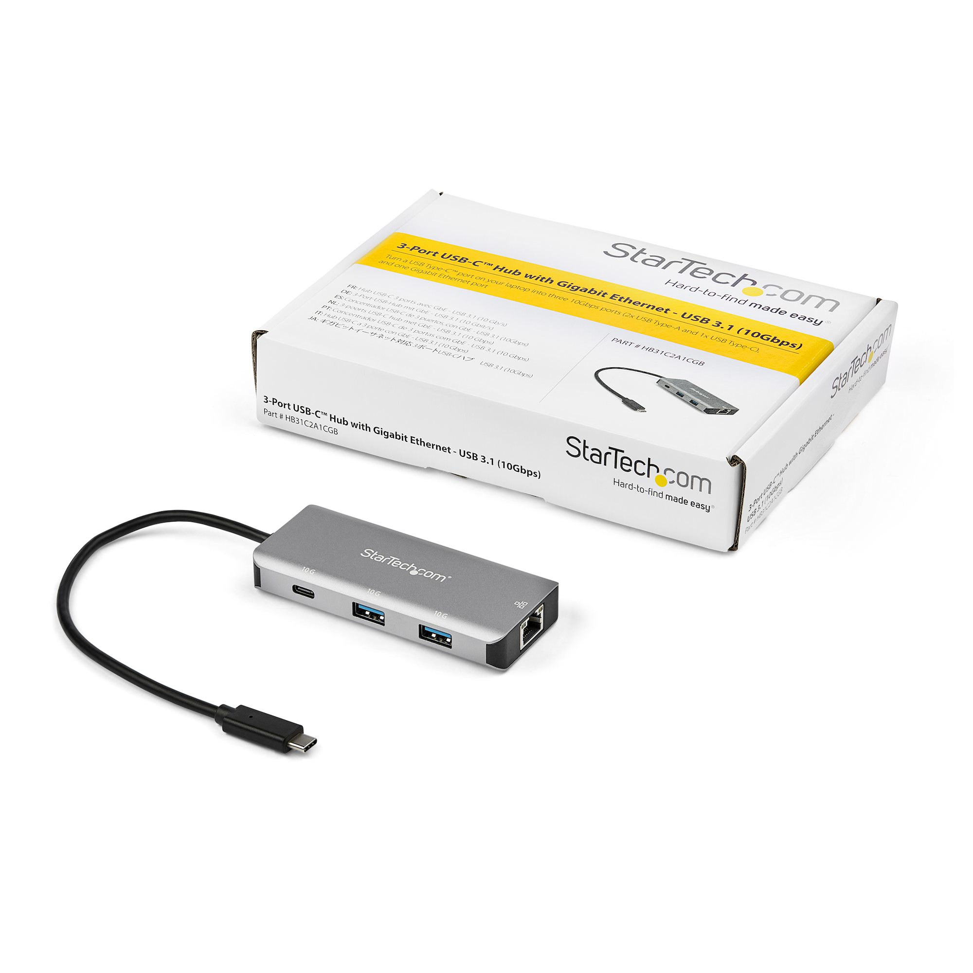 StarTech.com 3 Port USB C Hub with Gigabit Ethernet RJ45 GbE Port - 2x USB-A, 1x USB-C - SuperSpeed 10Gbps USB 3.1/3.2 Gen 2 Type C Hub Adapter - USB Bus Powered - Aluminum - Works w/TB3~3 Port USB C Hub with Gigabit Ethernet RJ45 GbE Port - 2x USB-A, 1x