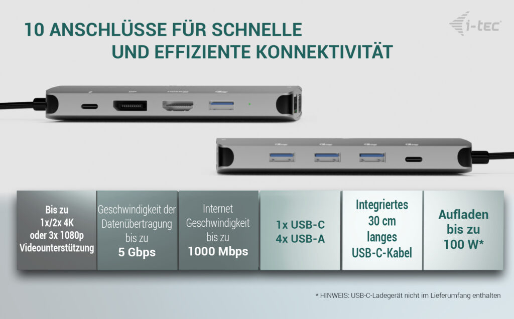 i-tec USB-C Metal Nano 3x Display (DP, HDMI and VGA) Docking Station + Power Delivery 100 W