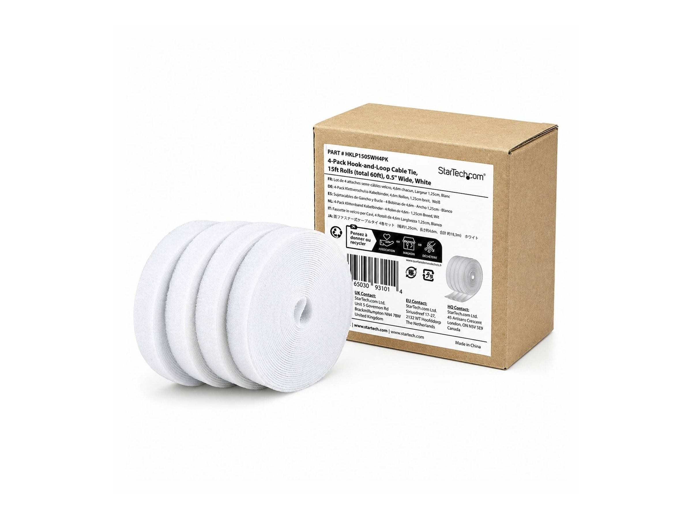 StarTech.com Paquete de 4 Bobinas de Bridas de Gancho y Bucle de 4,6m - Ancho 1,25cm - De Cortar a la Medida - Bobina a Granel - Blanco