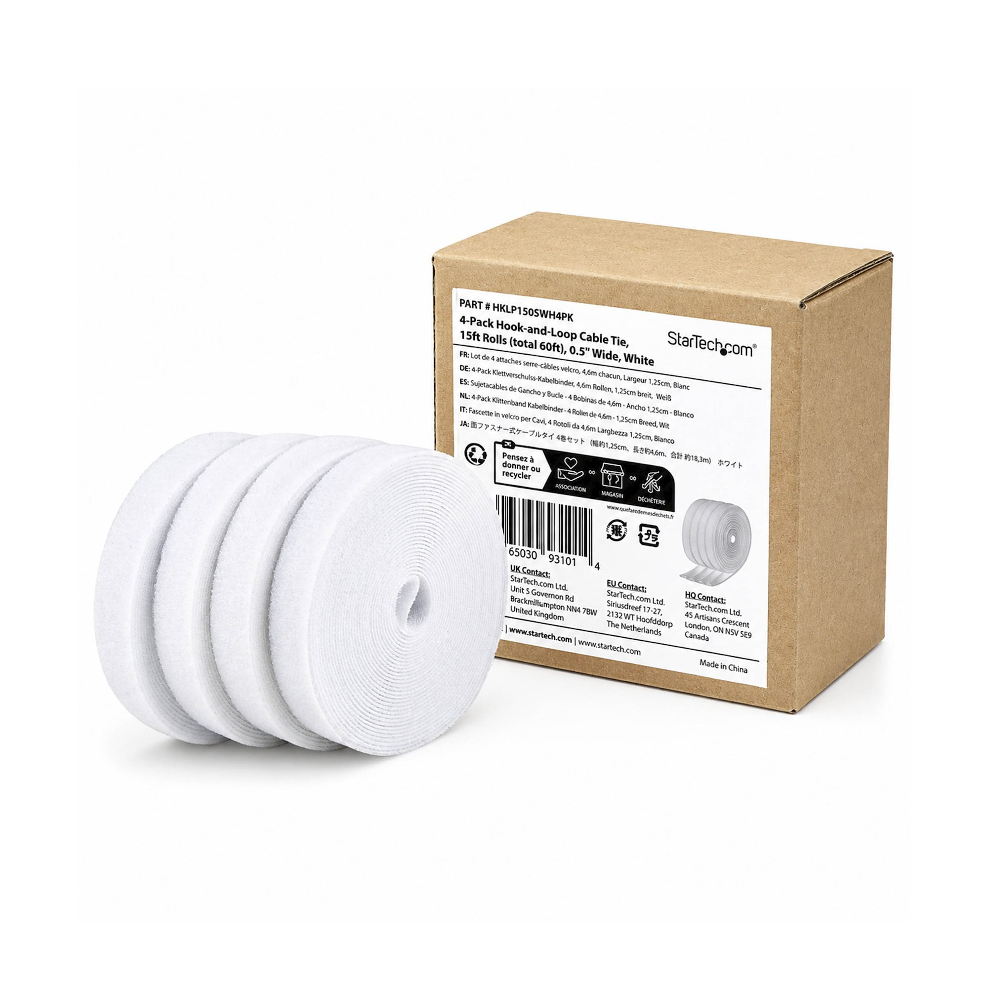 StarTech.com Paquete de 4 Bobinas de Bridas de Gancho y Bucle de 4,6m - Ancho 1,25cm - De Cortar a la Medida - Bobina a Granel - Blanco