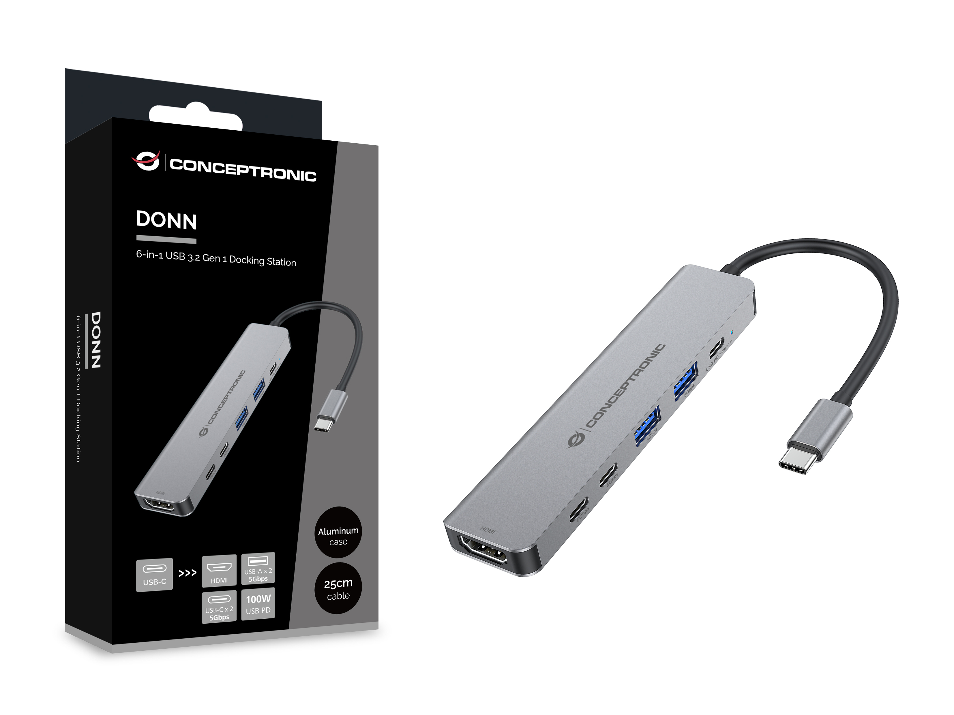 Conceptronic 6-1 Dock USB-C->HDMI 2xUSB-A 3xUSB-C+ 25cm gr