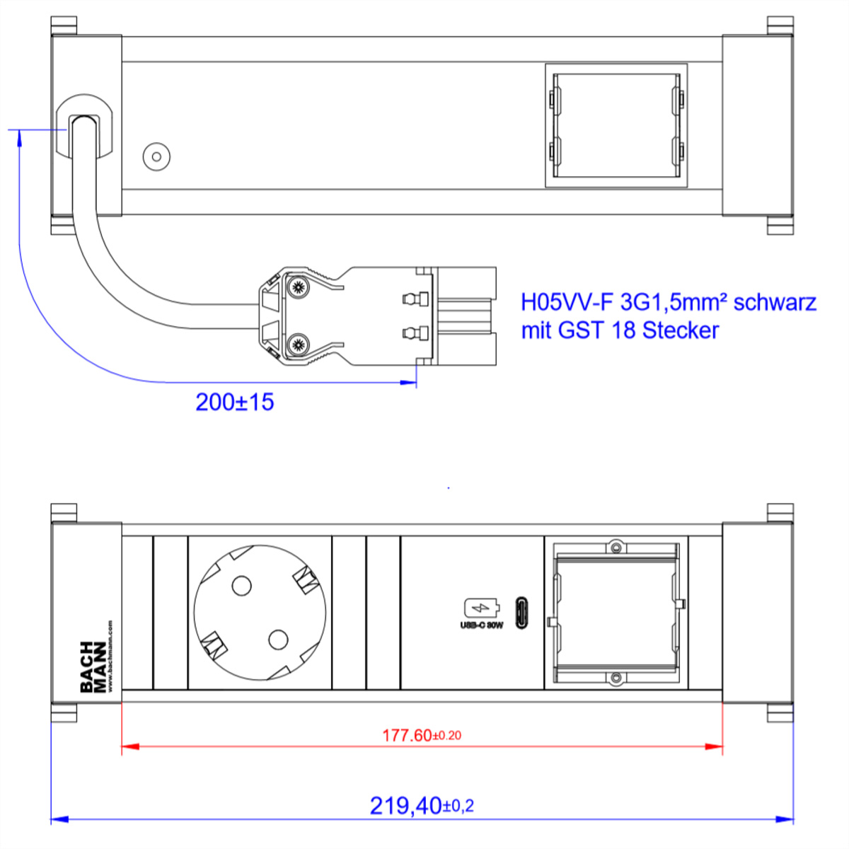 Bachmann Power Frame 1xCEE7/3916.5051xUSB C 30W 1xCM 0.2m GST18