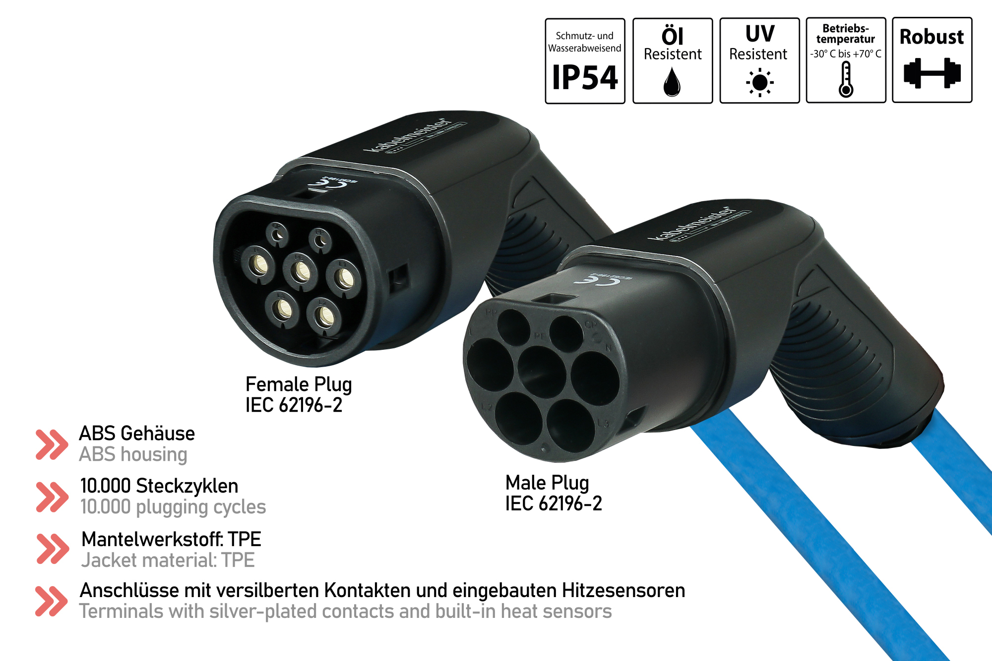 Kabelmeister EVC01-075B  kabelmeister® E-Auto-Ladekabel Mode 3, Typ 2  Stecker an Buchse, 3-phasig, 16 A, 11 kW, blau, 7,5m