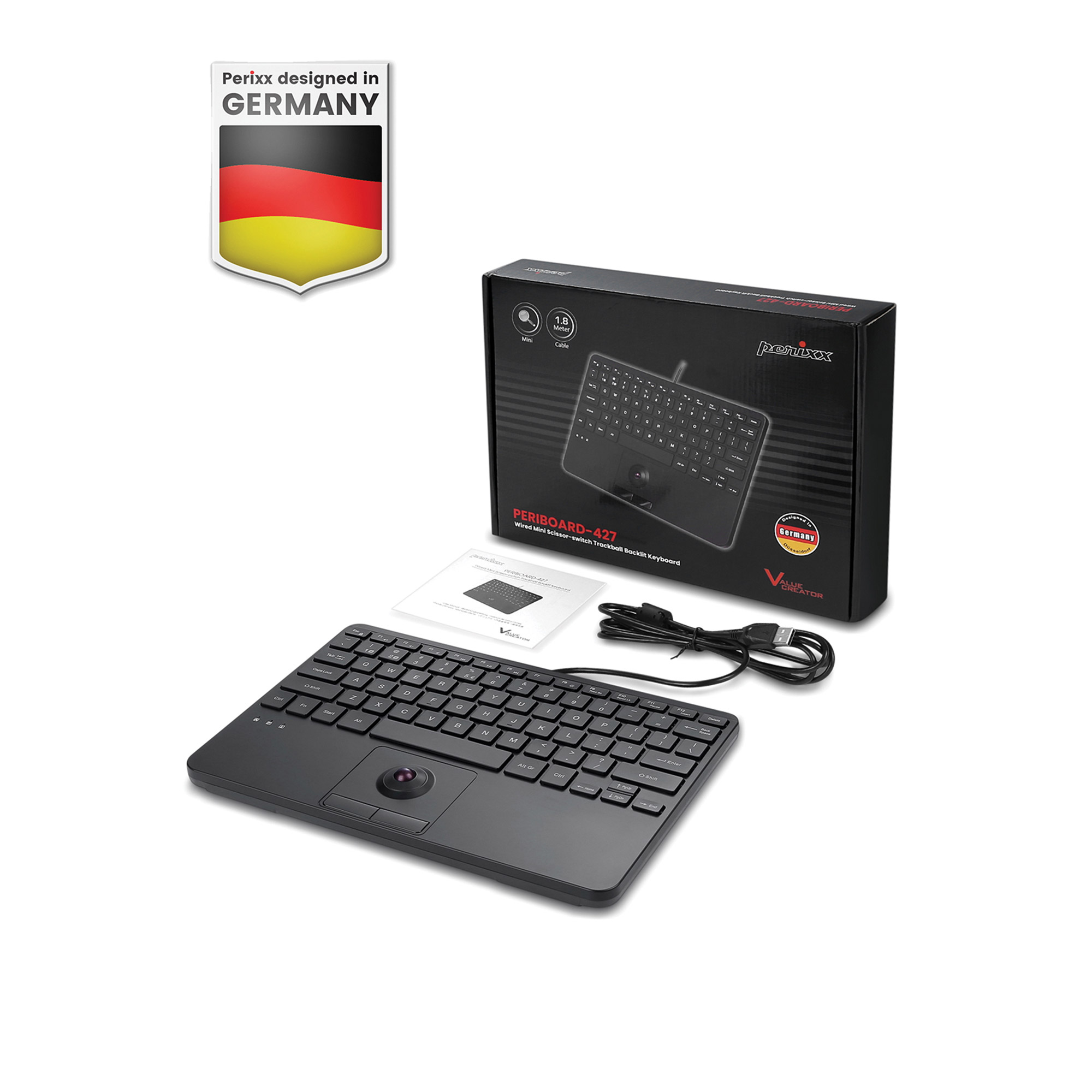Perixx PERIBOARD-427 H DE USB-Mini-Tastatur Trackball