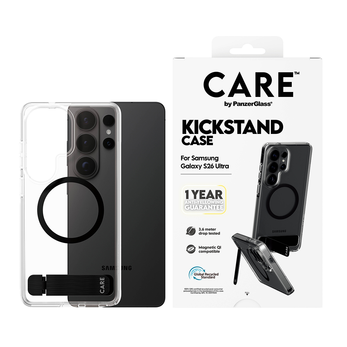 PanzerGlass CARE by � Urban Explorer Case Transparent w. Black Kickstand & Qi Samsung Galaxy S26 Ultra funda para tel�fono m�vil Transparente