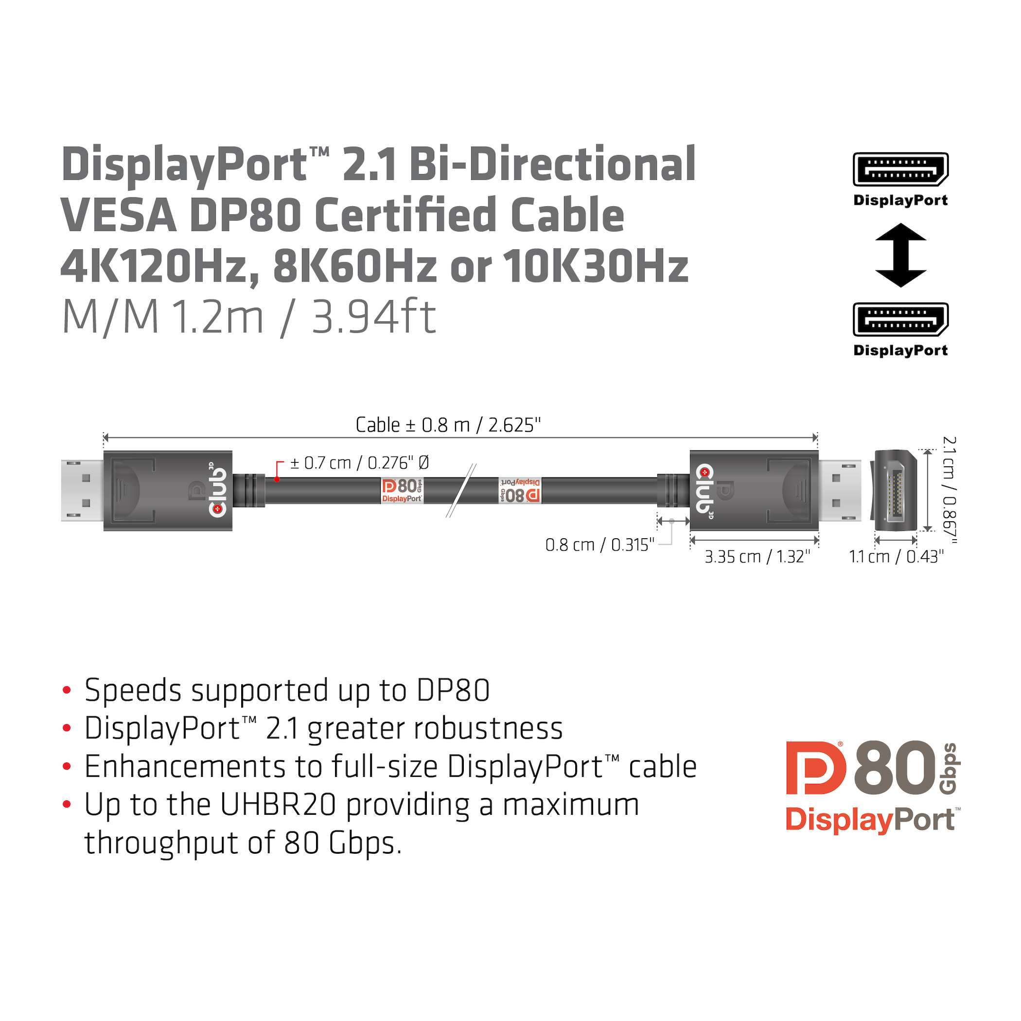 CLUB3D DisplayPort 2.1 Cable certificado VESA DP80 bidireccional 4K120Hz, 8K60Hz u 10K30Hz M/M 1.2m/3.94ft