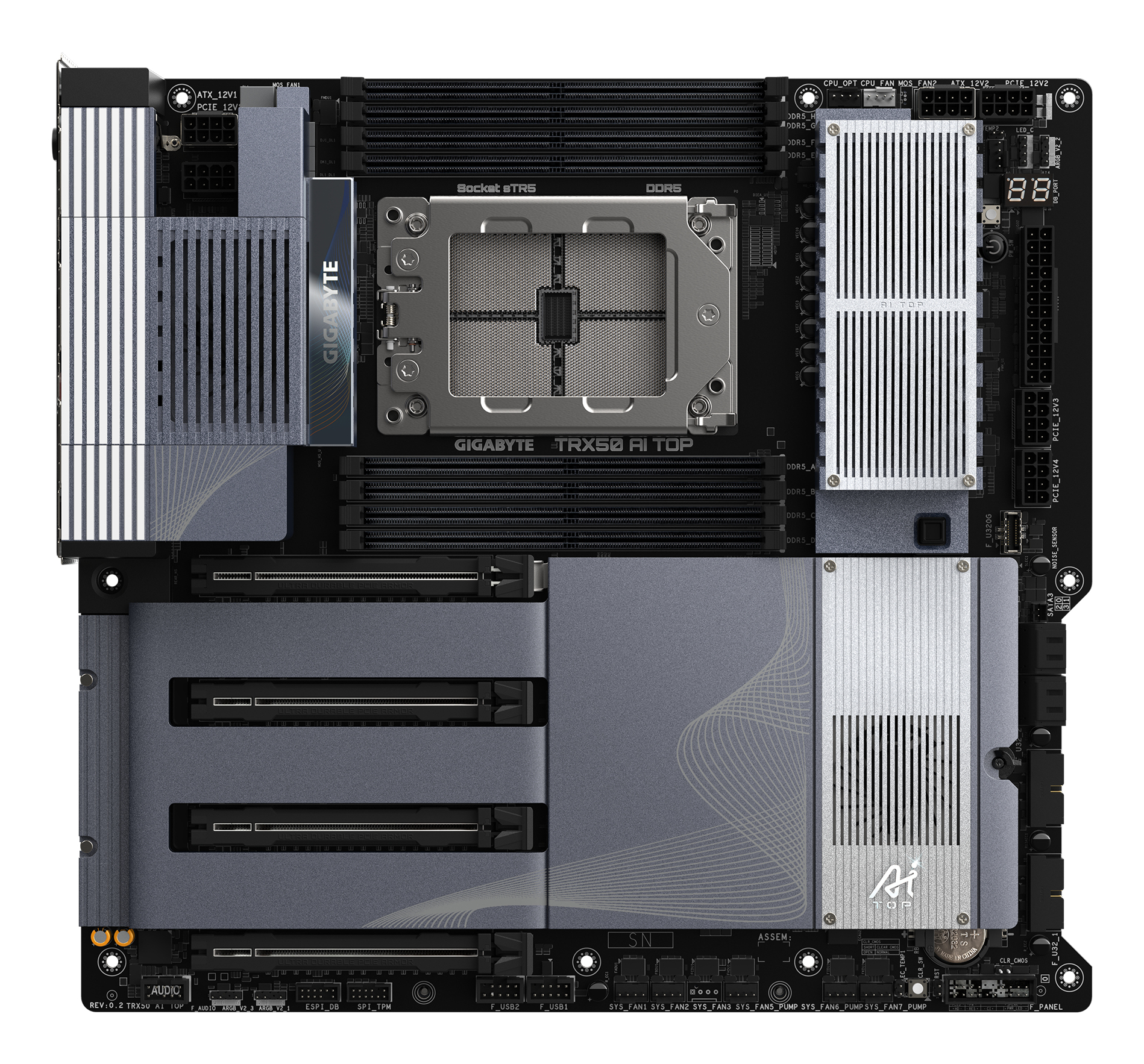 GIGABYTE TRX50 AI TOP-2B Motherboard - AMD Ryzen Threadripper PRO 7000 CPUs, 16+8+4 Phases Digital VRM, up to 5200 MHz DDR5, 4xPCIe 5.0 M.2, Wi-Fi 7, 10 GbE LAN, USB 4