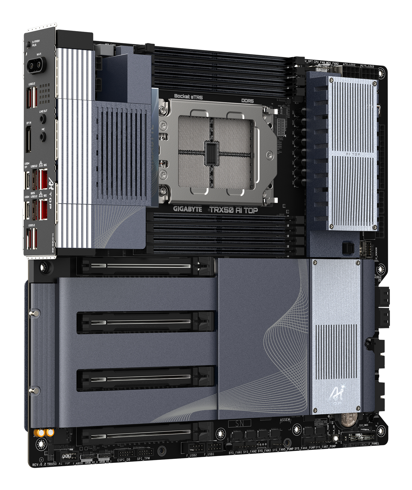 GIGABYTE TRX50 AI TOP-2B Motherboard - AMD Ryzen Threadripper PRO 7000 CPUs, 16+8+4 Phases Digital VRM, up to 5200 MHz DDR5, 4xPCIe 5.0 M.2, Wi-Fi 7, 10 GbE LAN, USB 4