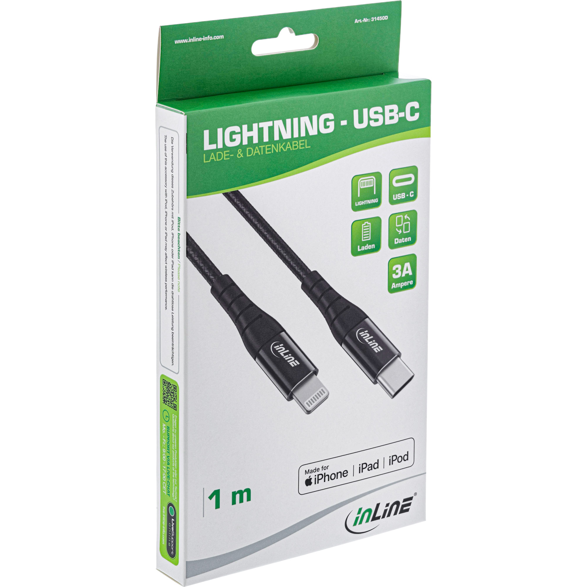 InLine USB-C Lightning cable, for iPad, iPhone, iPod, black/aluminium, 1m MFi