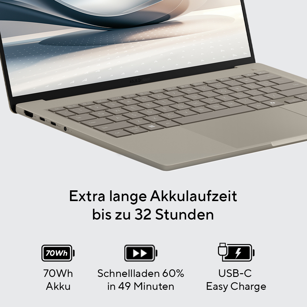 ASUS Zenbook A14 UX3407RA-QD011W Copilot+ PC Qualcomm Snapdragon X1E-78-100 Ordinateur portable 35,6 cm (14) WUXGA 32 Go LPDDR5x-SDRAM 1 To SSD Wi-Fi 7 (802.11be) Windows 11 Home Allemand Gris