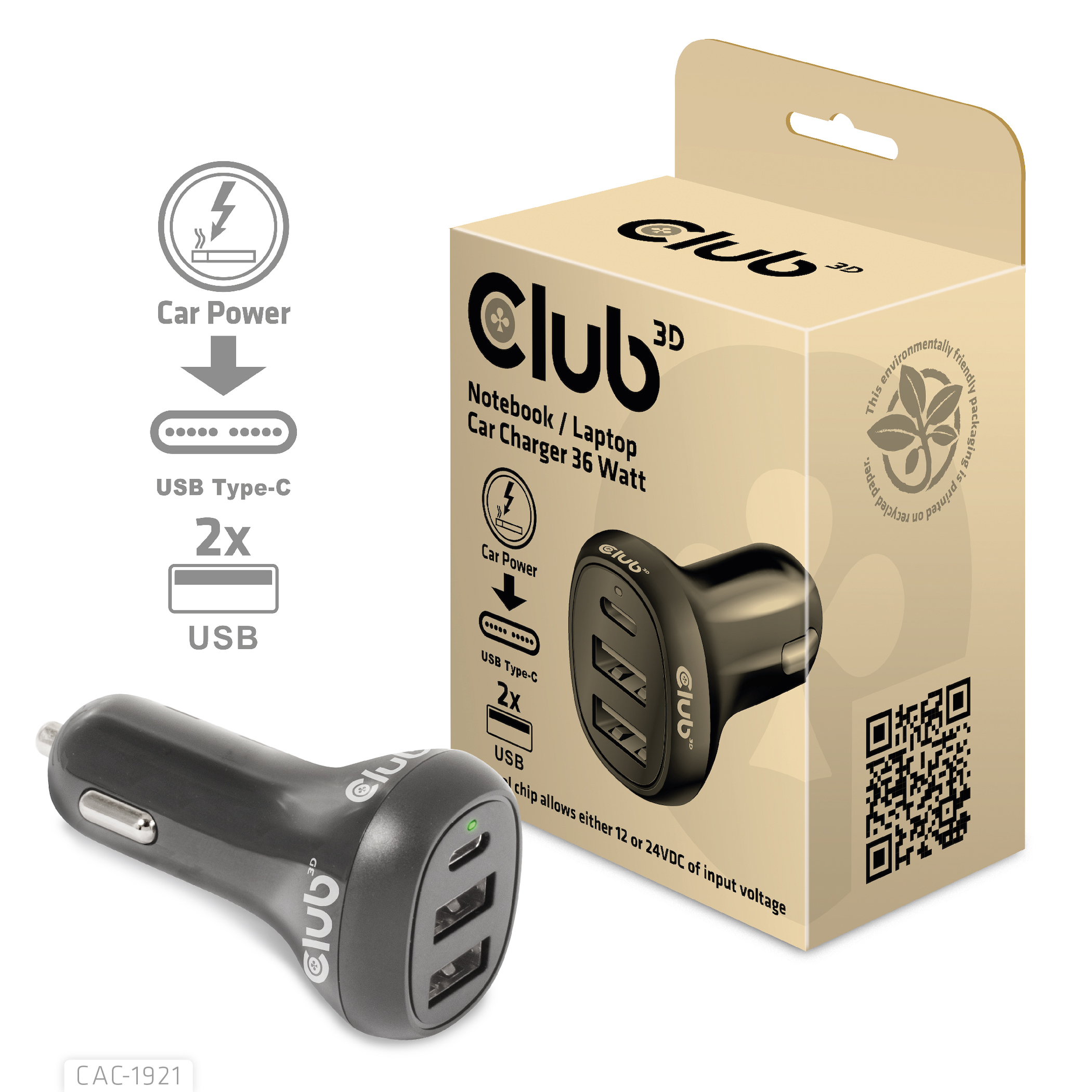 Club 3D USB KFZ-Ladeger�t 1xUSB C 2xUSB A 36W 12/24V retail