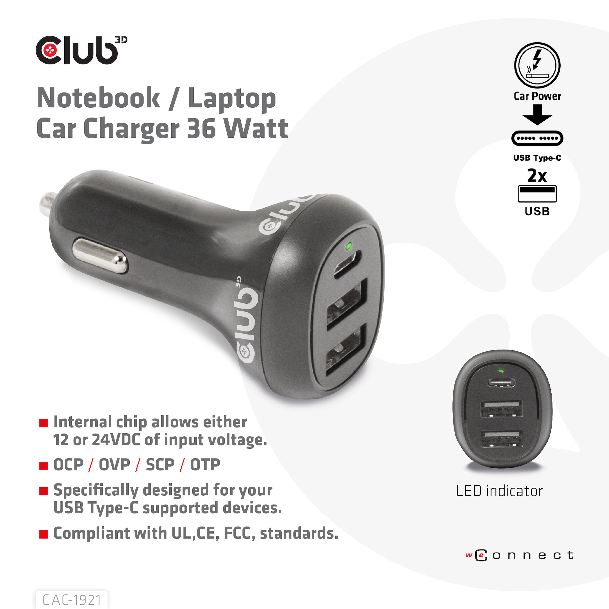 Club 3D USB KFZ-Ladeger�t 1xUSB C 2xUSB A 36W 12/24V retail