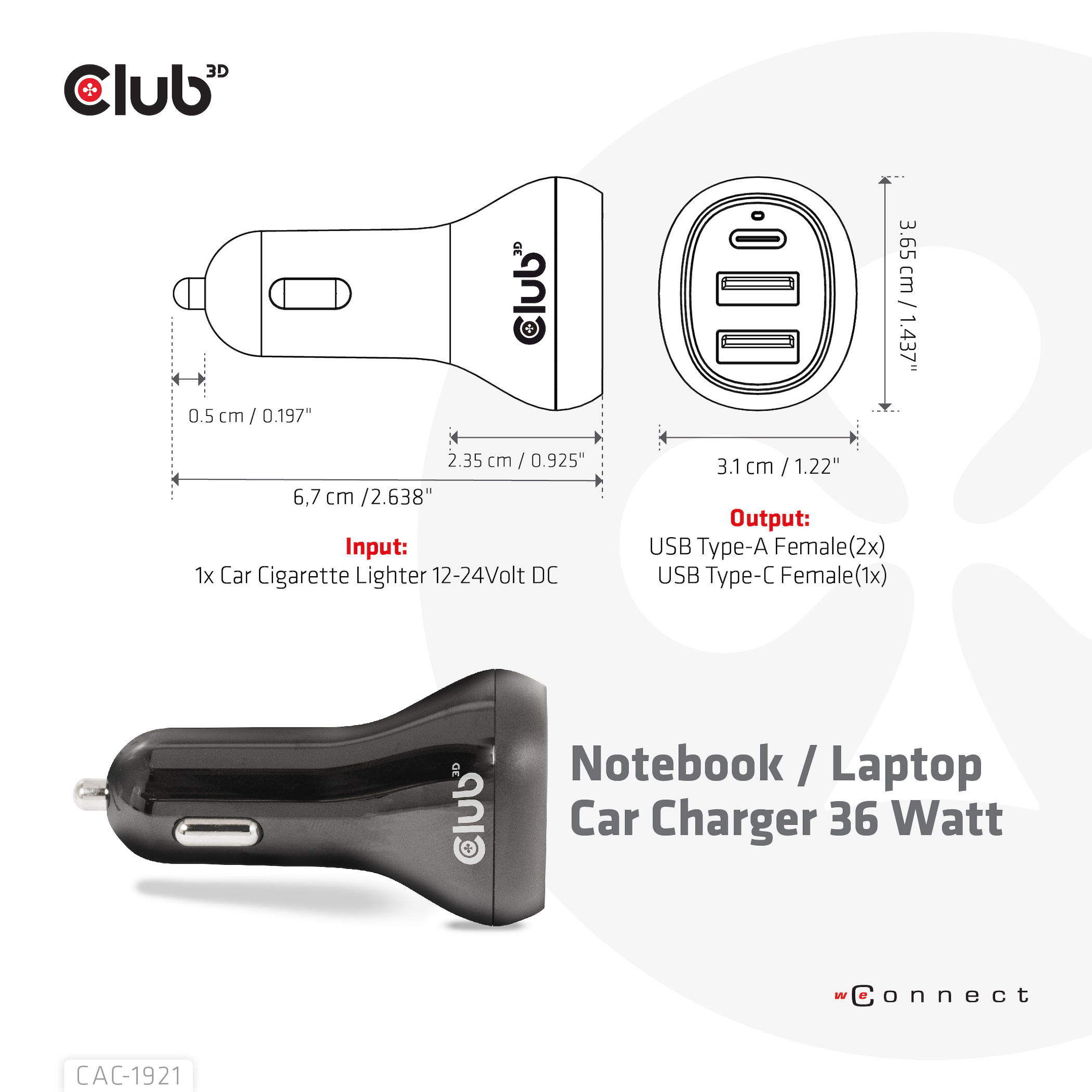 Club 3D USB KFZ-Ladeger�t 1xUSB C 2xUSB A 36W 12/24V retail