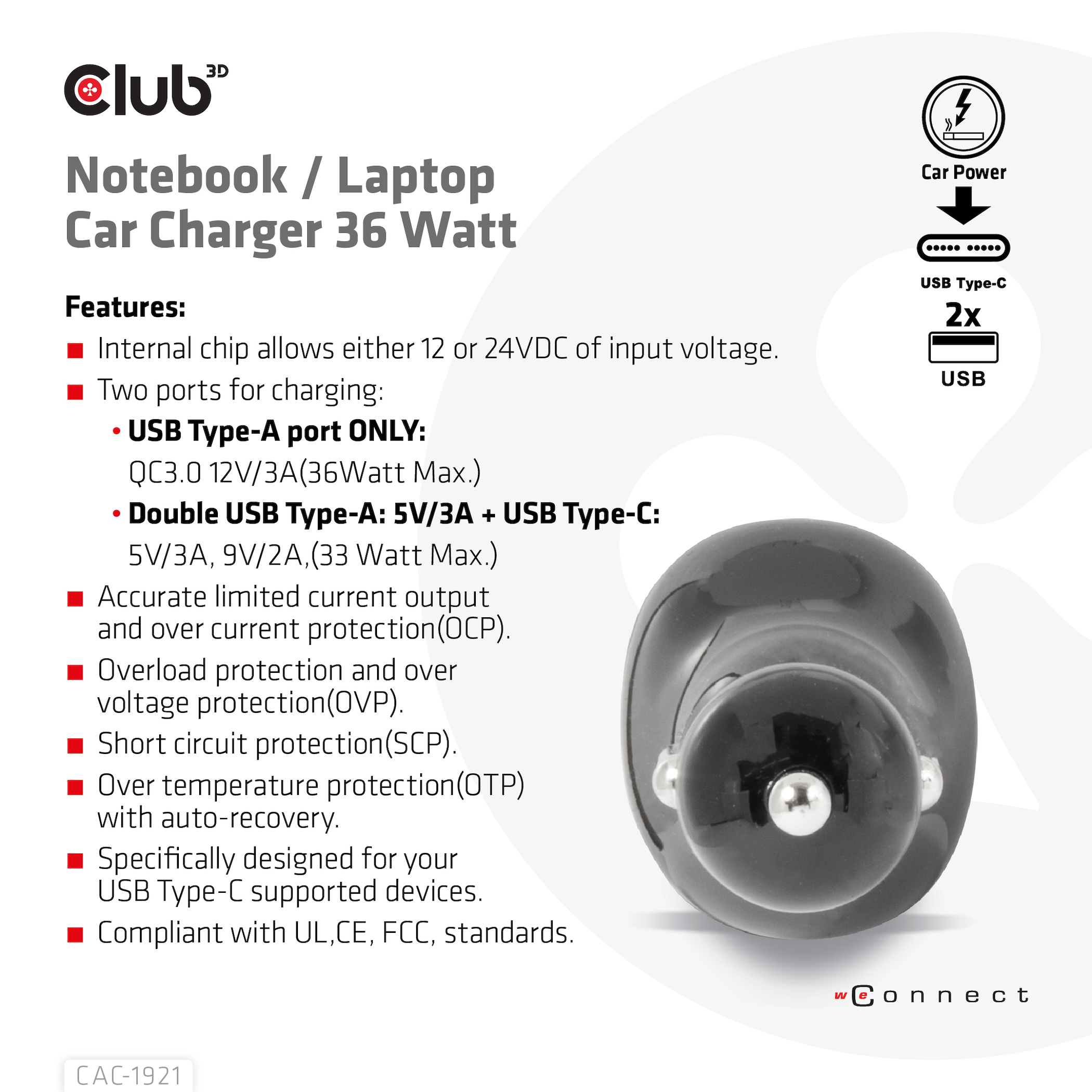 Club 3D USB KFZ-Ladeger�t 1xUSB C 2xUSB A 36W 12/24V retail