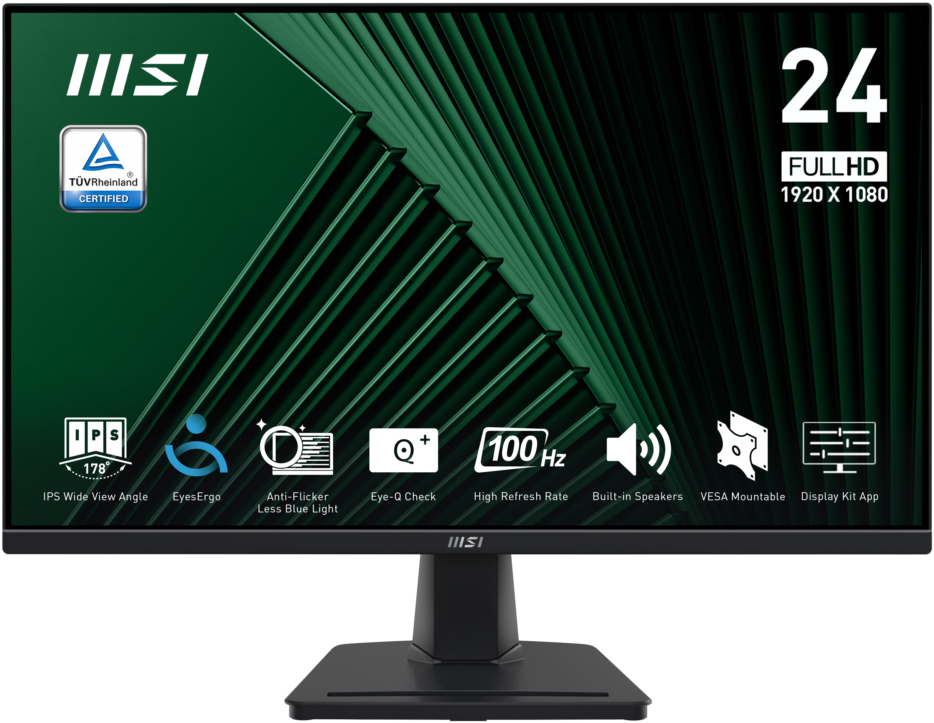 MSI Pro MP245G 24 Inch Monitor, FHD (1920 x 1080), 100Hz, IPS, 1ms, 1x HDMI 1.4b, 1x DP 1.2a output, 1x D-Sub(VGA), Built-in Speakers, Anti-Glare, Anti-Flicker, Less Blue light, T�V Certified, VESA, Kensington, Black