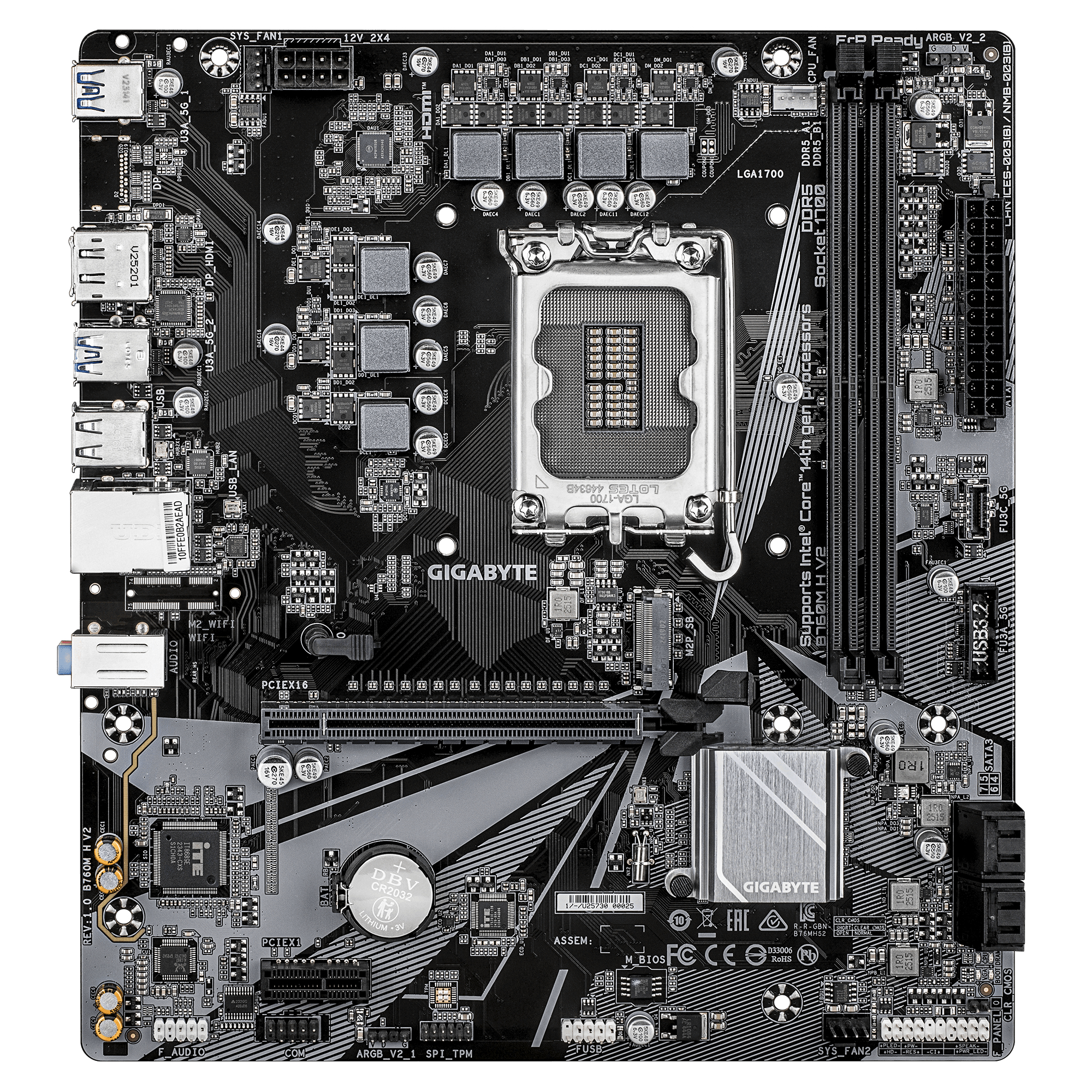 GIGABYTE B760M H V2 Placa Base - Compatible con procesadores Intel Core de 14� generaci�n, VRM digital de 5+1+1 fases, hasta 8000MHz DDR5 (O.C.), 1xPCIe 4.0 M.2, LAN 1GbE, USB 3.2 Gen1