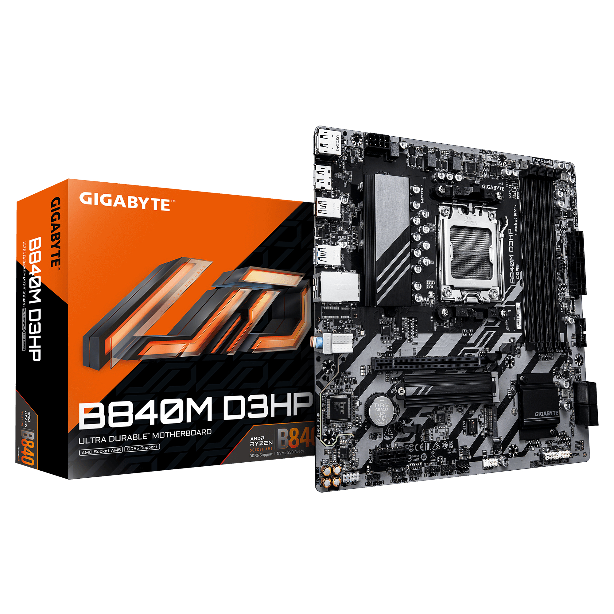 GIGABYTE B840M D3HP Placa Base CPUs AMD Ryzen 9000, VRM de 8+2+2 fases, hasta 8200 MHz DDR5 (O.C.), 2� M.2 PCIe 4.0, LAN 1 GbE, USB 3.2 Gen 2