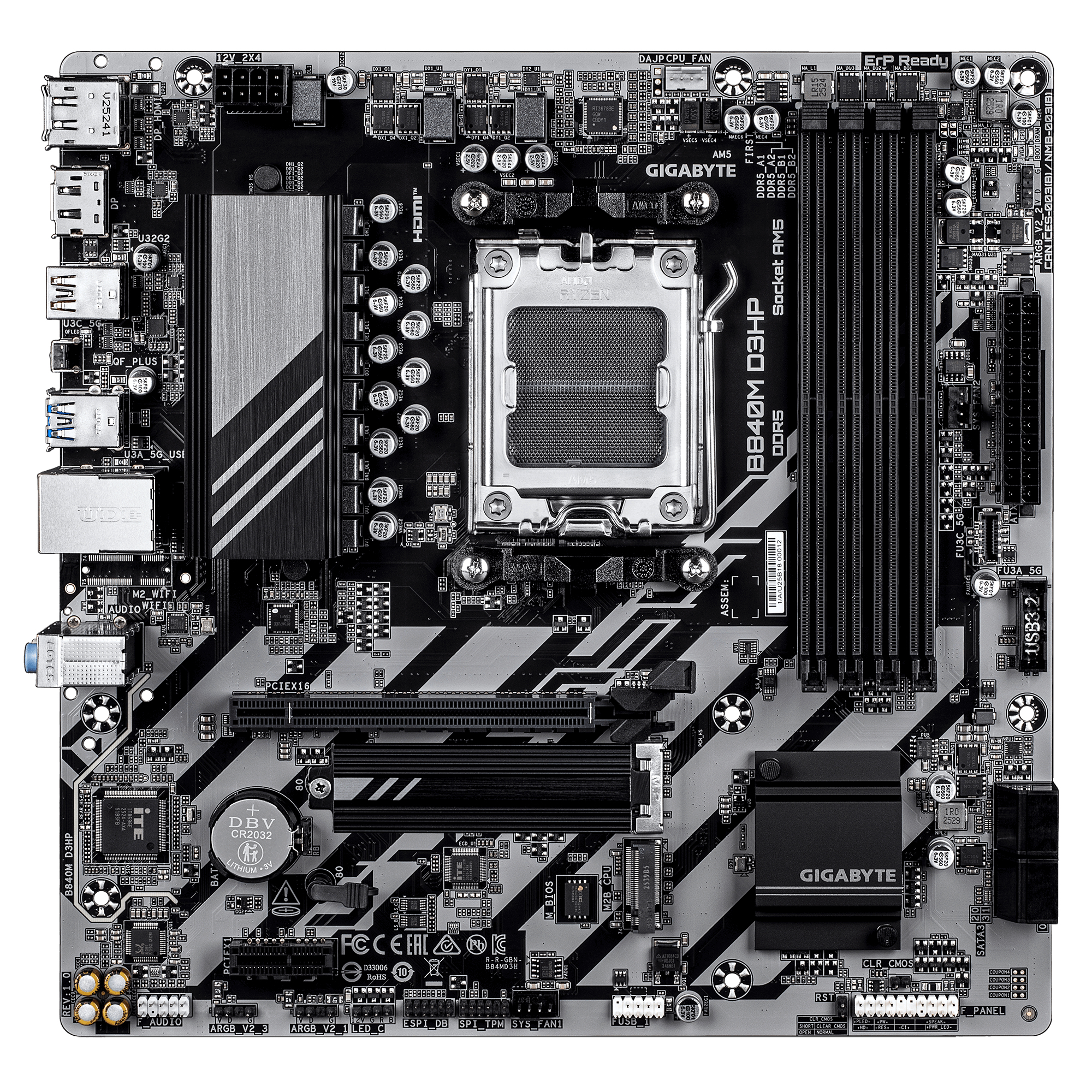 GIGABYTE B840M D3HP Placa Base CPUs AMD Ryzen 9000, VRM de 8+2+2 fases, hasta 8200 MHz DDR5 (O.C.), 2� M.2 PCIe 4.0, LAN 1 GbE, USB 3.2 Gen 2