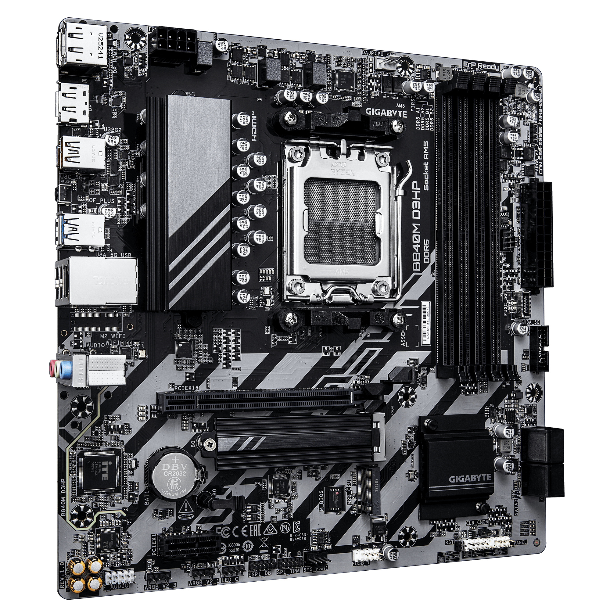 GIGABYTE B840M D3HP Placa Base CPUs AMD Ryzen 9000, VRM de 8+2+2 fases, hasta 8200 MHz DDR5 (O.C.), 2� M.2 PCIe 4.0, LAN 1 GbE, USB 3.2 Gen 2