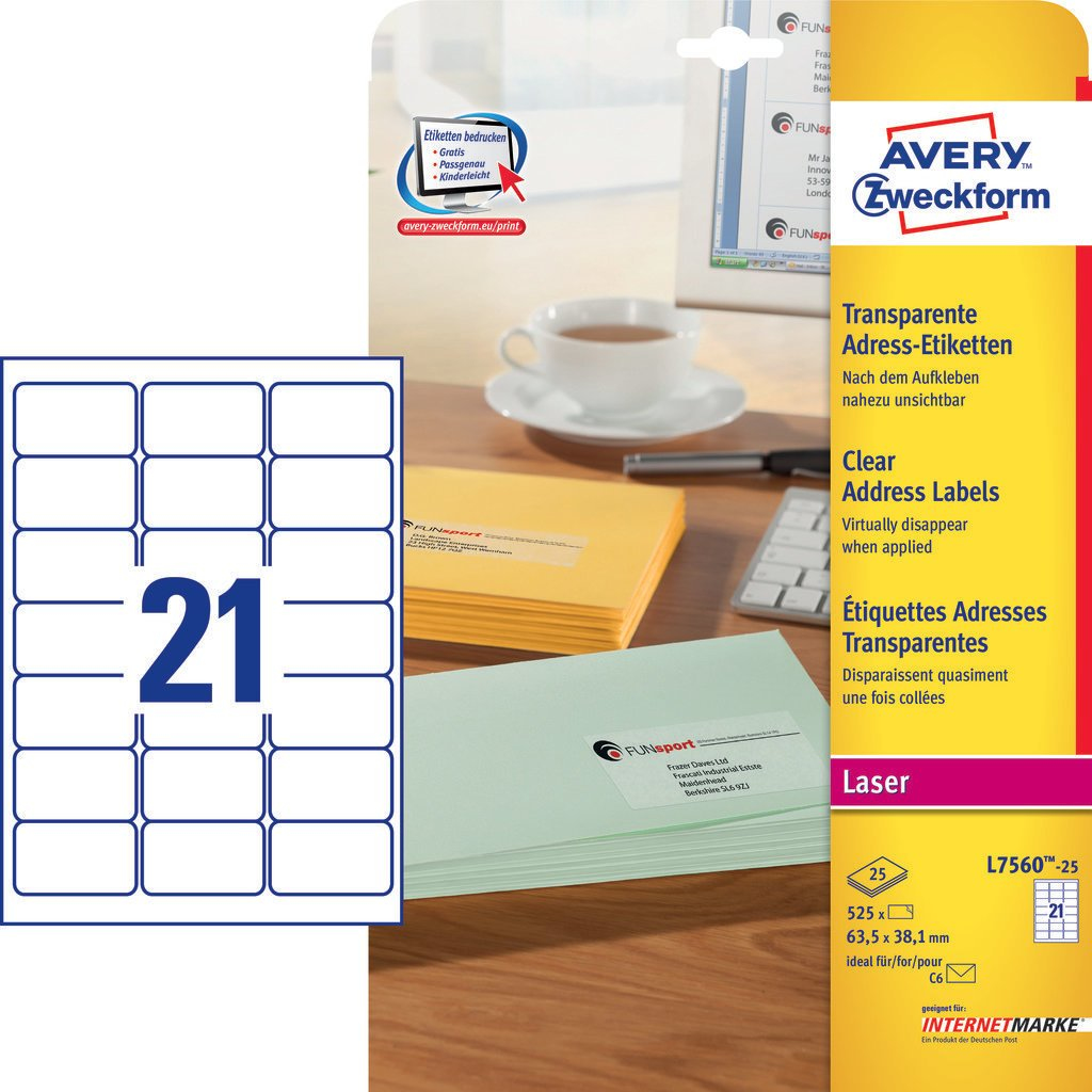 Avery Zweckform Avery - Klar - 63.5 x 38.1 mm 525 Etikett(en) (25 Bogen x 21)