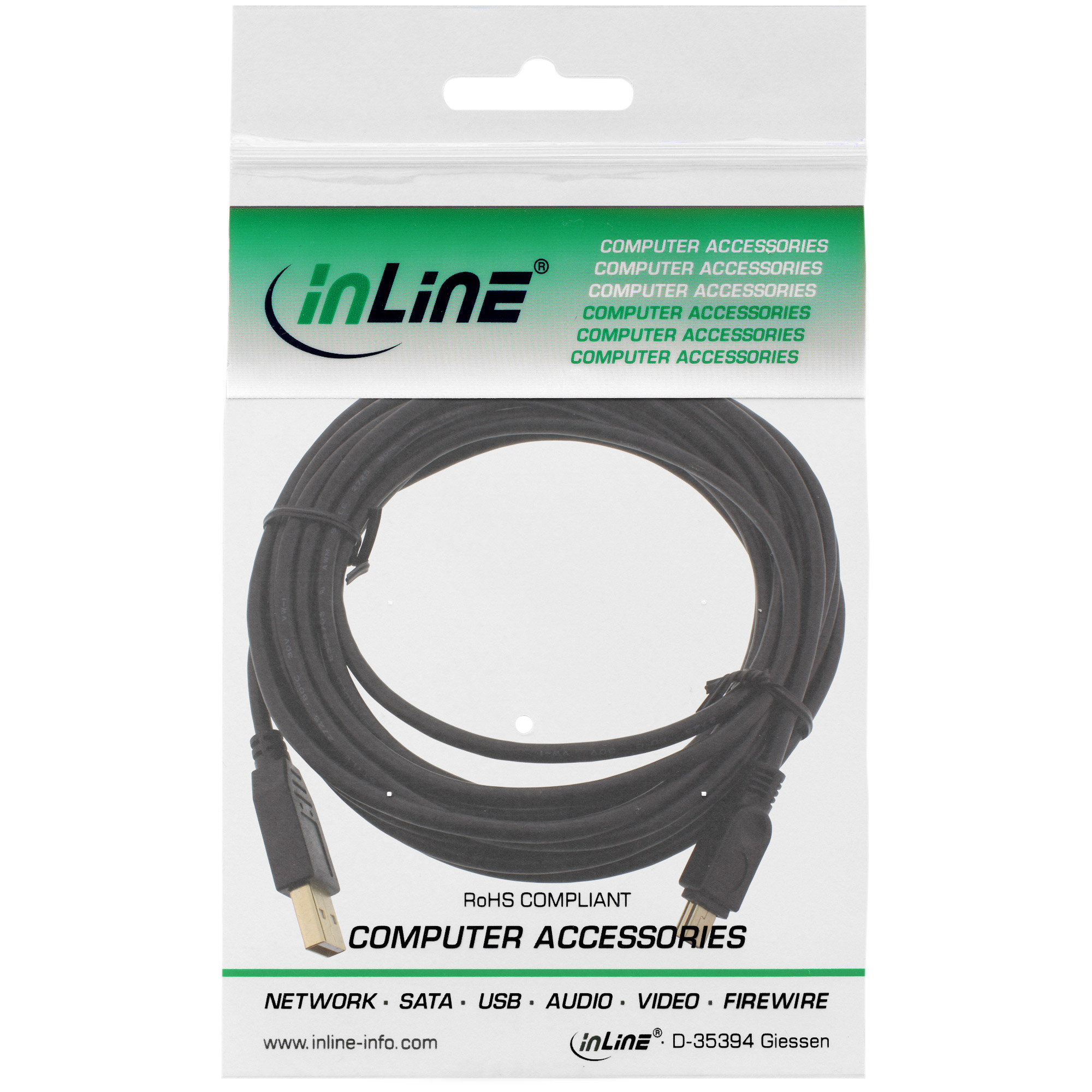 InLine USB 2.0 Mini Cable, Type A male / mini-B male (5pin), black/gold, 5m