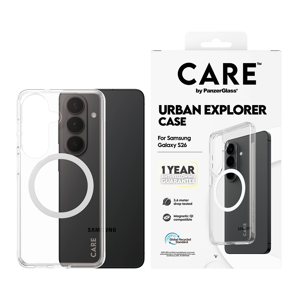 PanzerGlass CARE by � Urban Explorer Case Transparent w. White Qi Samsung Galaxy S26 funda para tel�fono m�vil Transparente