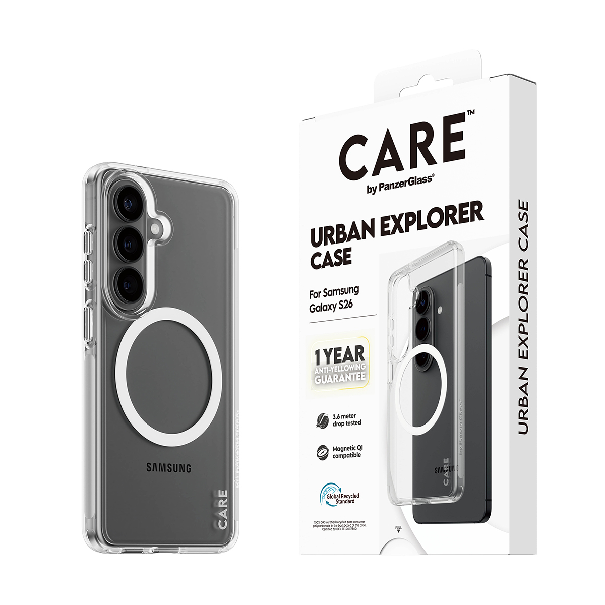 PanzerGlass CARE by � Urban Explorer Case Transparent w. White Qi Samsung Galaxy S26 funda para tel�fono m�vil Transparente