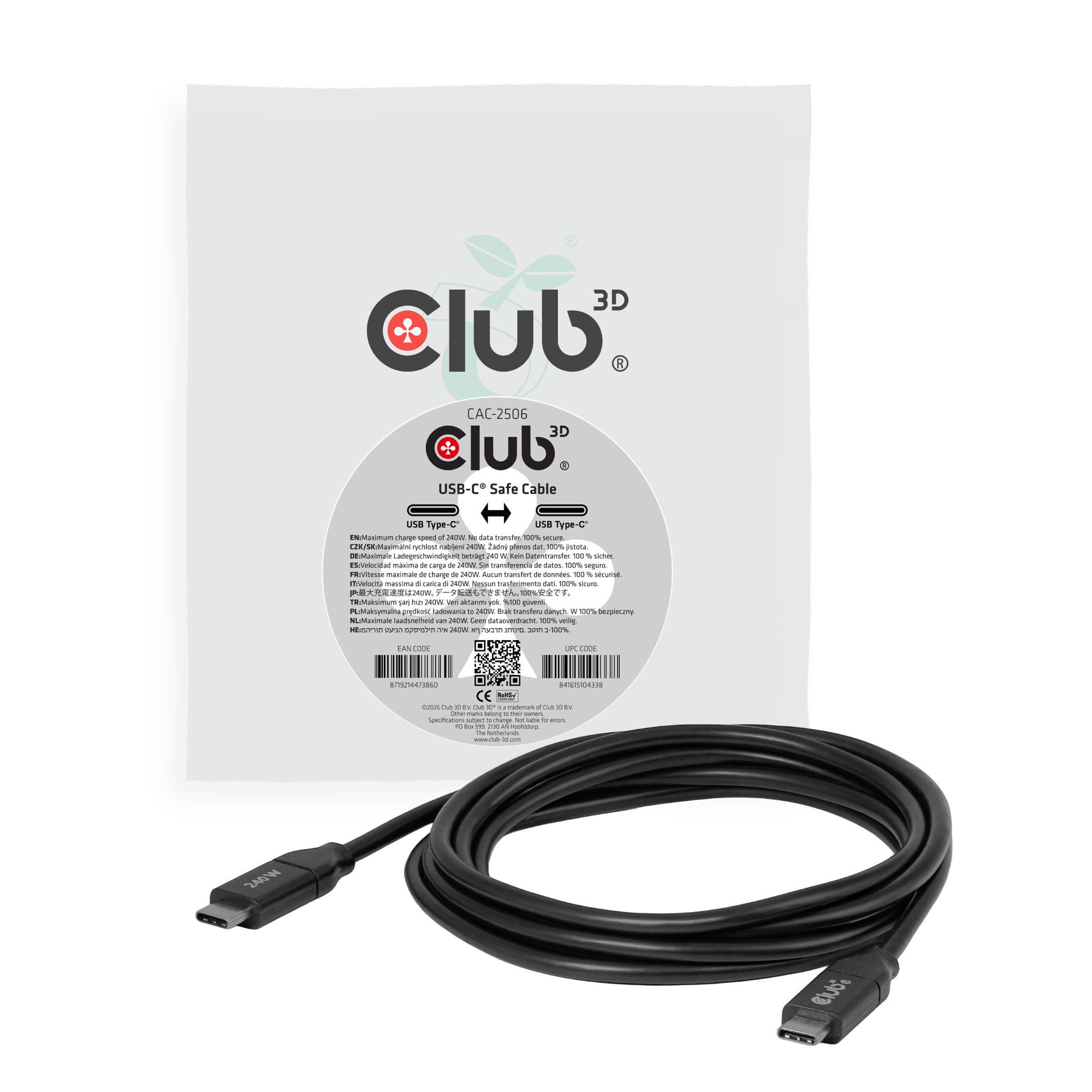 CLUB3D USB-C� Safe Cable 240W No Data 2m/6.56ft