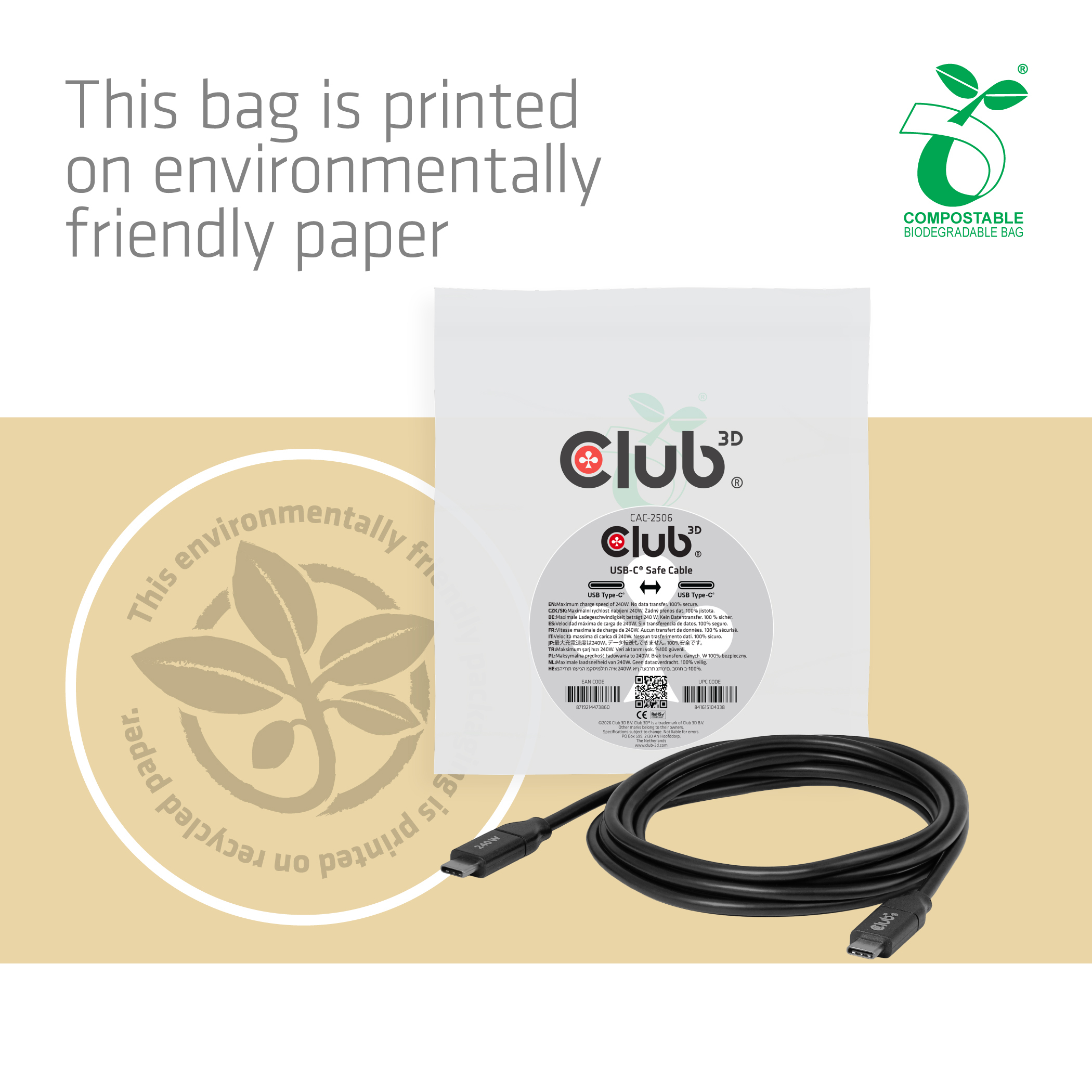 CLUB3D USB-C� Safe Cable 240W No Data 2m/6.56ft