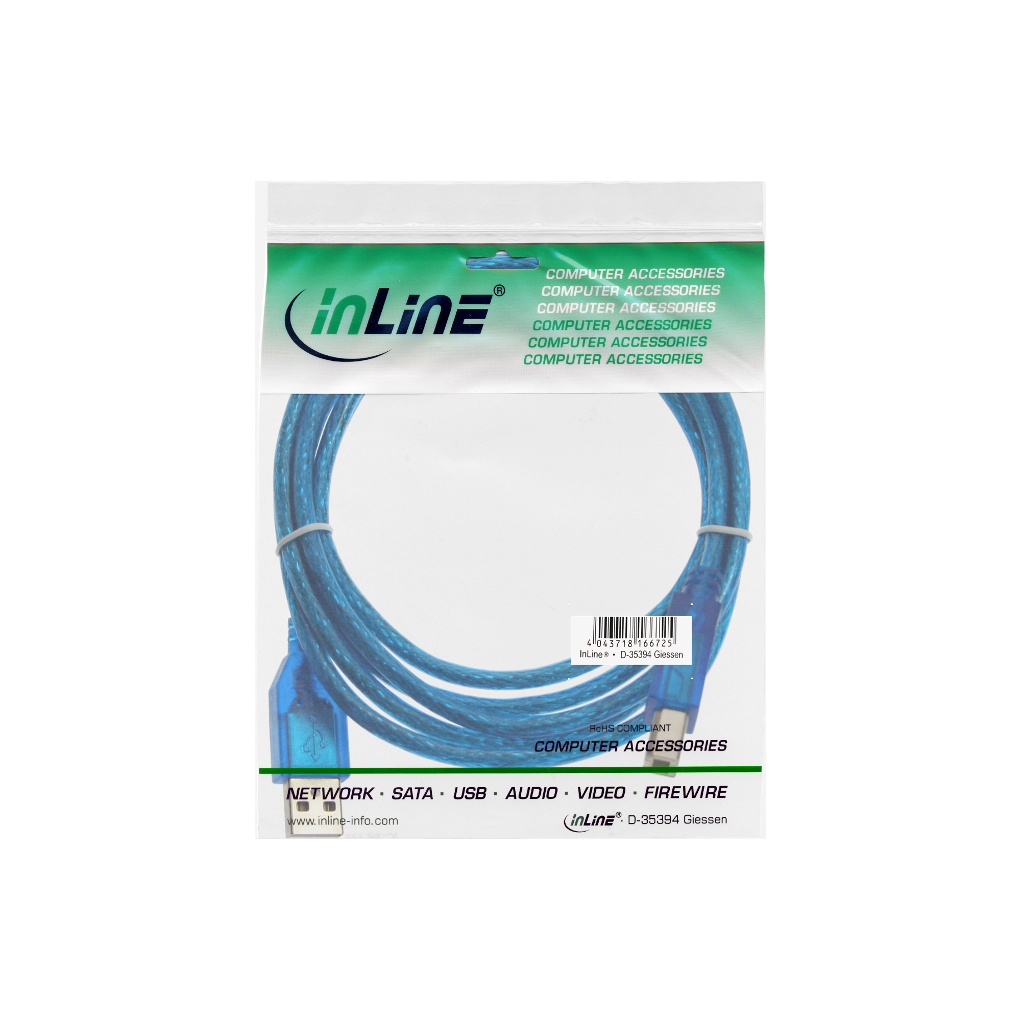 InLine Cavo USB 2.0 A maschio / B maschio, blu Trasparente, 3m