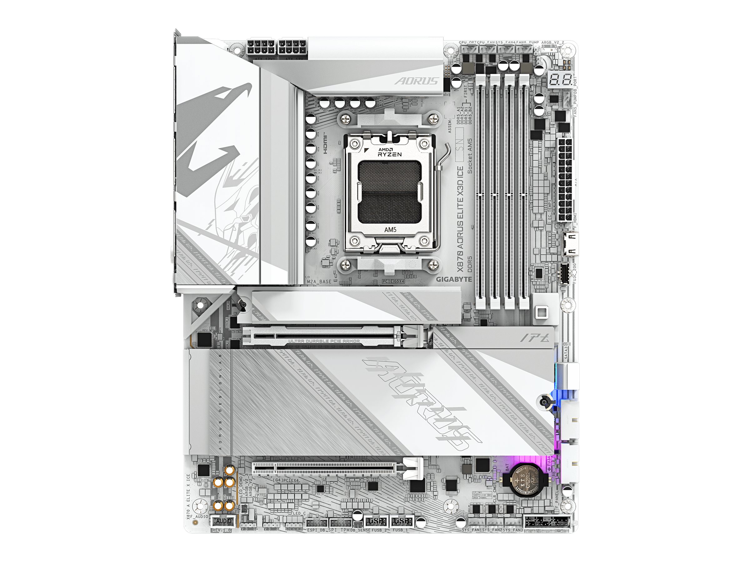 Gigabyte AORUS X870 ELITE X3D ICE - Motherboard - ATX - Socket AM5 - AMD X870 Chipsatz - USB-C 3.2 Gen 2x2, USB4, USB 3.2 Gen 1, USB 3.2 Gen 2 - 5 Gigabit Ethernet, Wi-Fi 7, Bluetooth - Onboard-Grafik (CPU erforderlich)