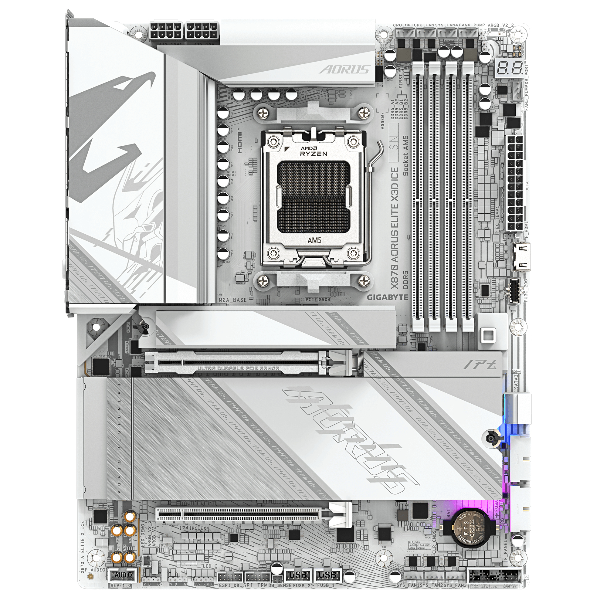 Gigabyte AORUS X870 ELITE X3D ICE - Motherboard - ATX - Socket AM5 - AMD X870 Chipsatz - USB-C 3.2 Gen 2x2, USB4, USB 3.2 Gen 1, USB 3.2 Gen 2 - 5 Gigabit Ethernet, Wi-Fi 7, Bluetooth - Onboard-Grafik (CPU erforderlich)