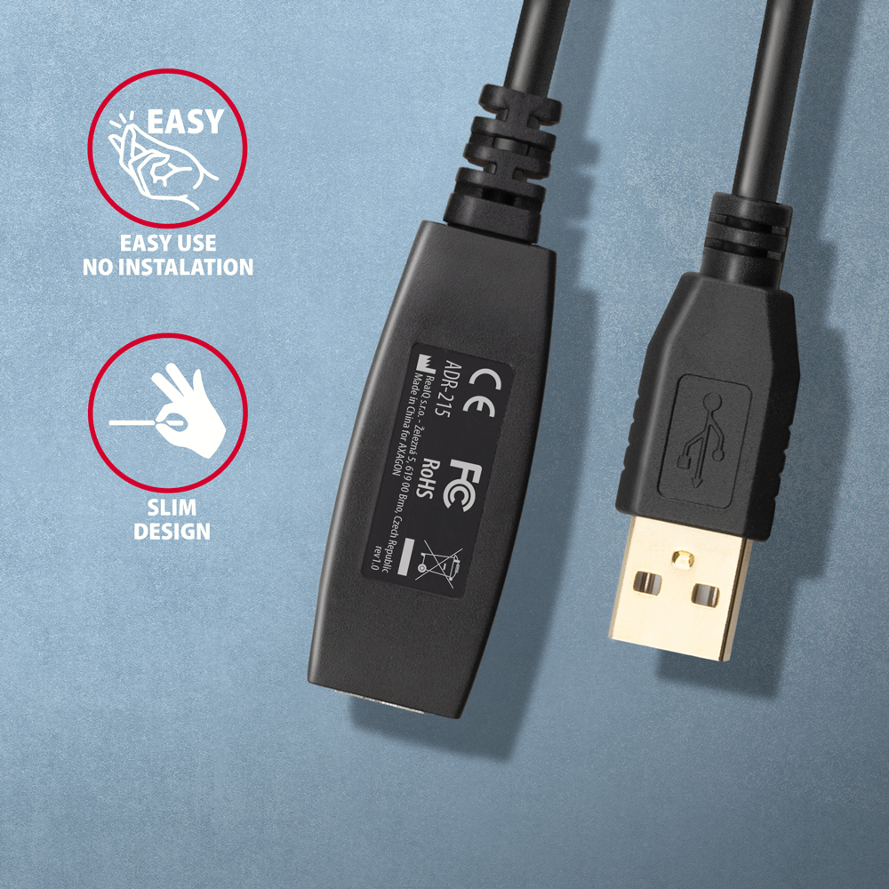 Axagon ADR-215 USB 2.0 A-M -> A-F active extension/repeater cable 15m - Kabel - Digital/Daten cble USB USB A Noir
