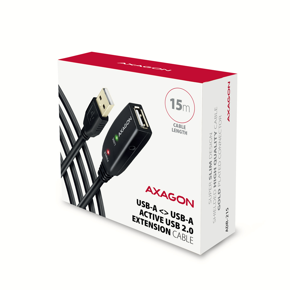 Axagon ADR-215 USB 2.0 A-M -> A-F active extension/repeater cable 15m - Kabel - Digital/Daten cble USB USB A Noir