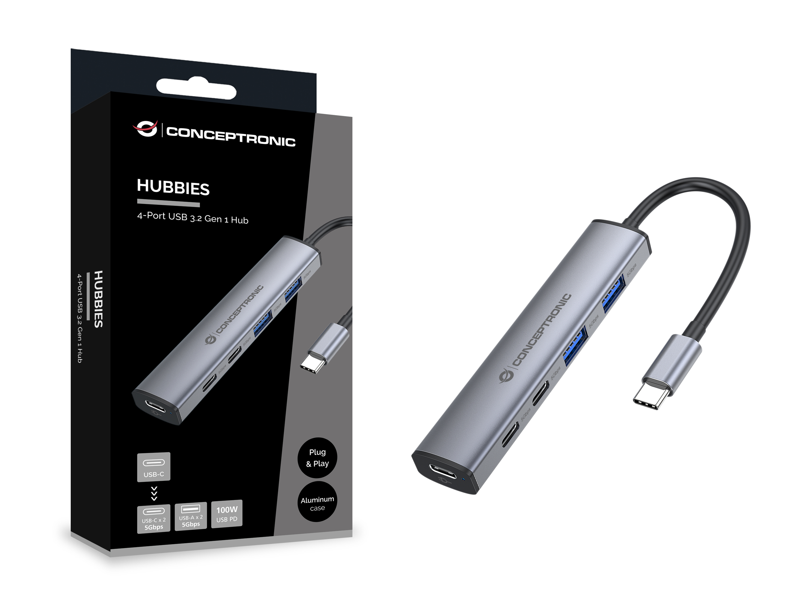 Conceptronic 4-1 Dock USB-C->2xUSB-C/2xUSB-a/100WPD gr