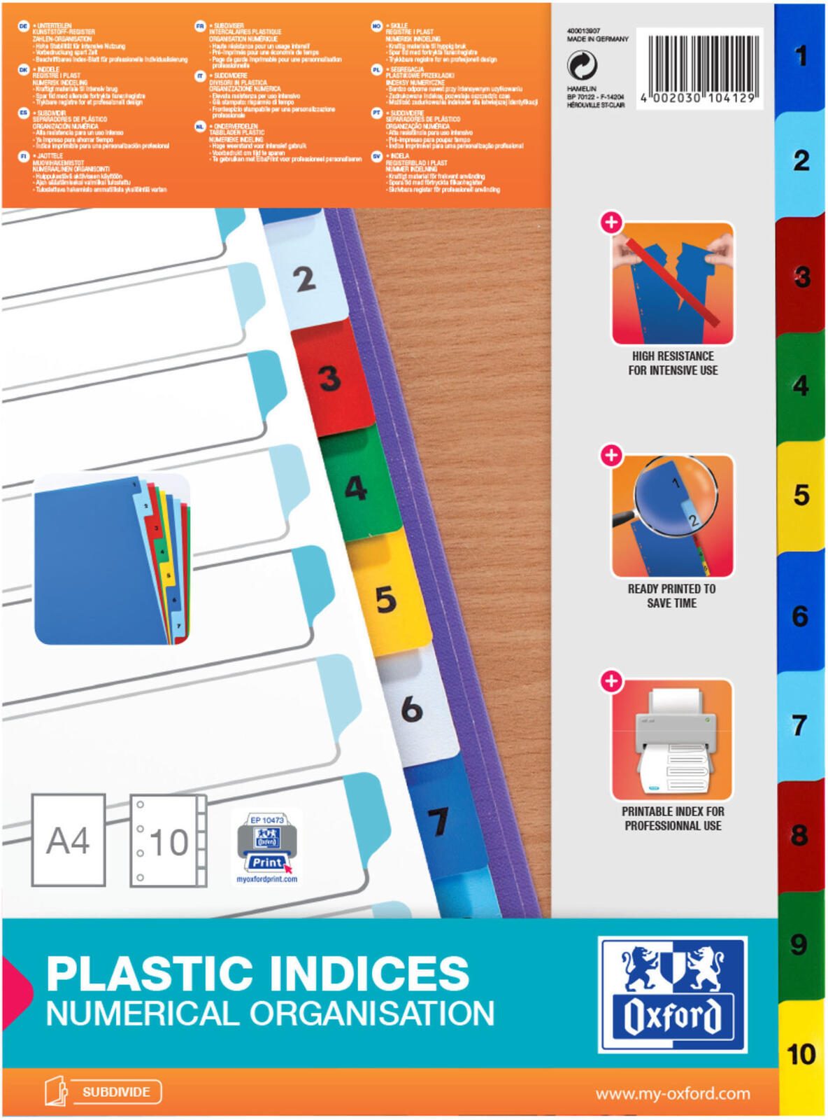 Oxford Ordnerregister DIN A4 Vollformat 1-10 farbsortiert 10-teilig - Brokleinmaterial