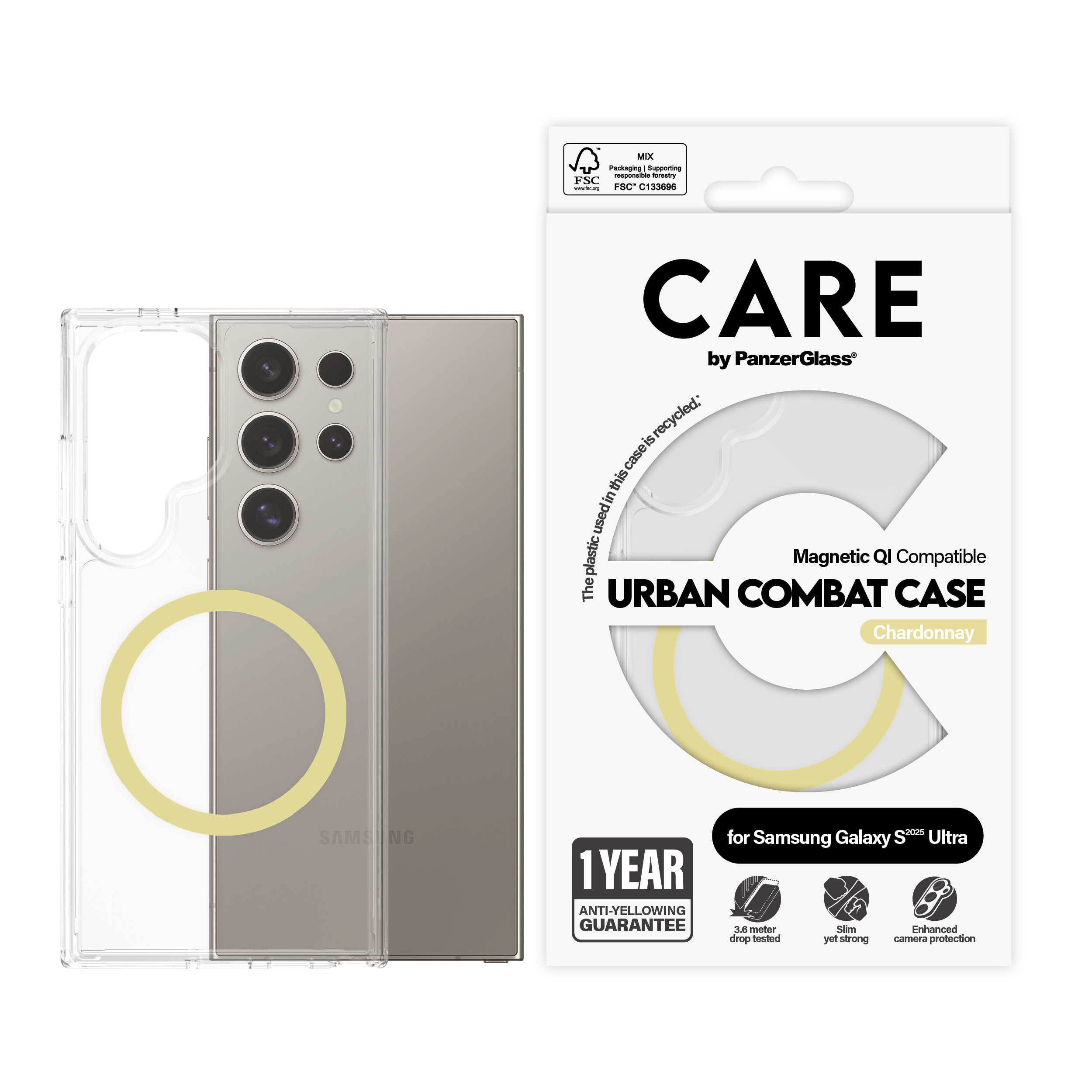 PanzerGlass CARE by  Flagship Case Transparent Urban Combat w. Chardonnay Qi Compatible Samsung Galaxy S 2025 Ultra