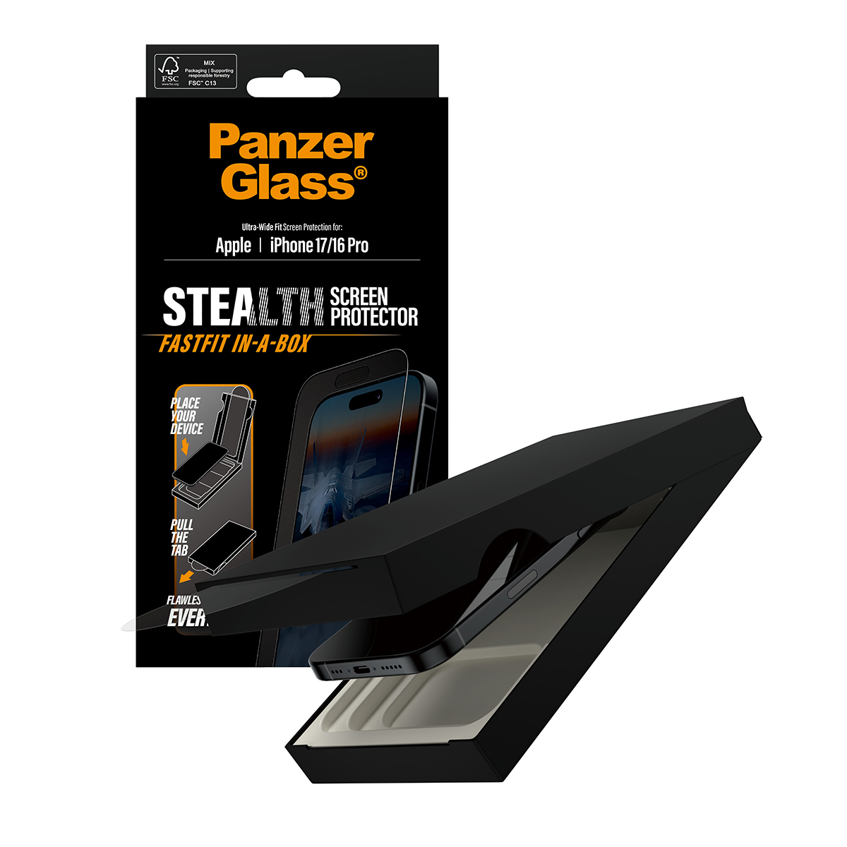 PanzerGlass Stealth Screen Protector w. black Frame iPhone 17/16 Pro