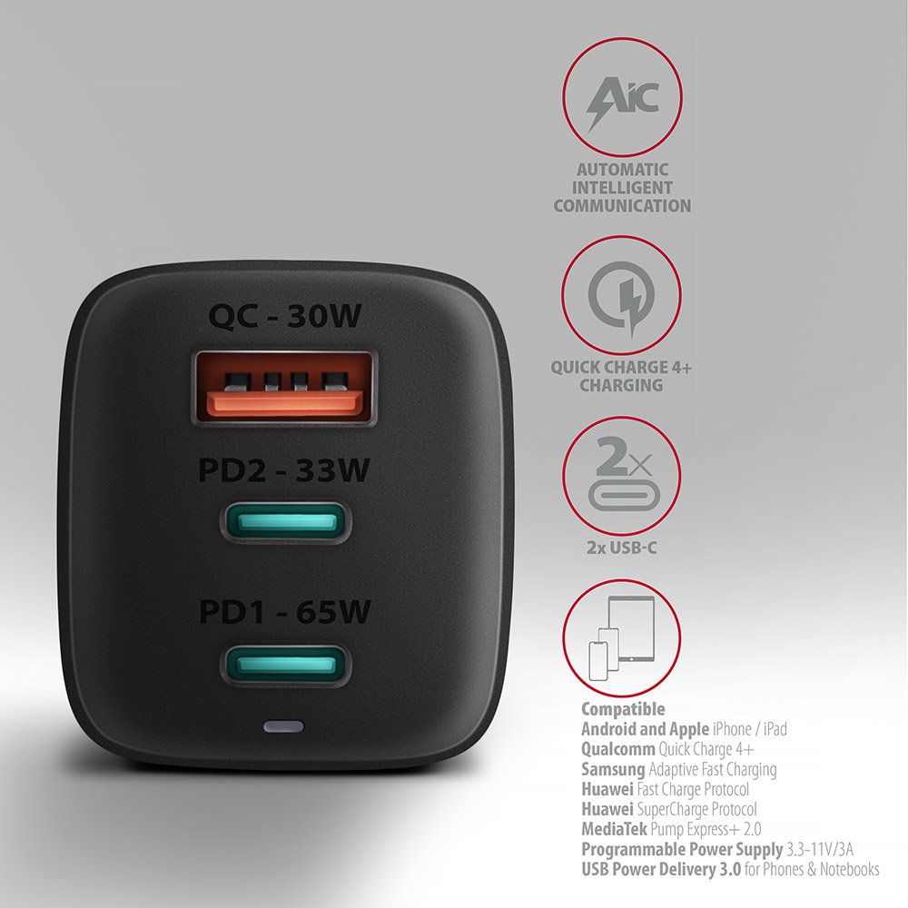 Axagon ACU-DPQ65 cargador de dispositivo m�vil Smartphone Negro Corriente alterna Carga r�pida Interior