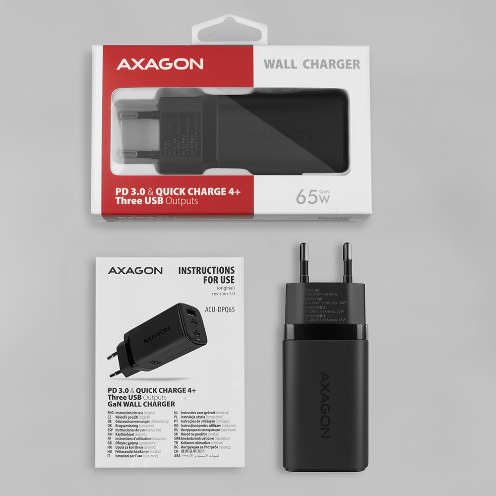 Axagon ACU-DPQ65 cargador de dispositivo m�vil Smartphone Negro Corriente alterna Carga r�pida Interior